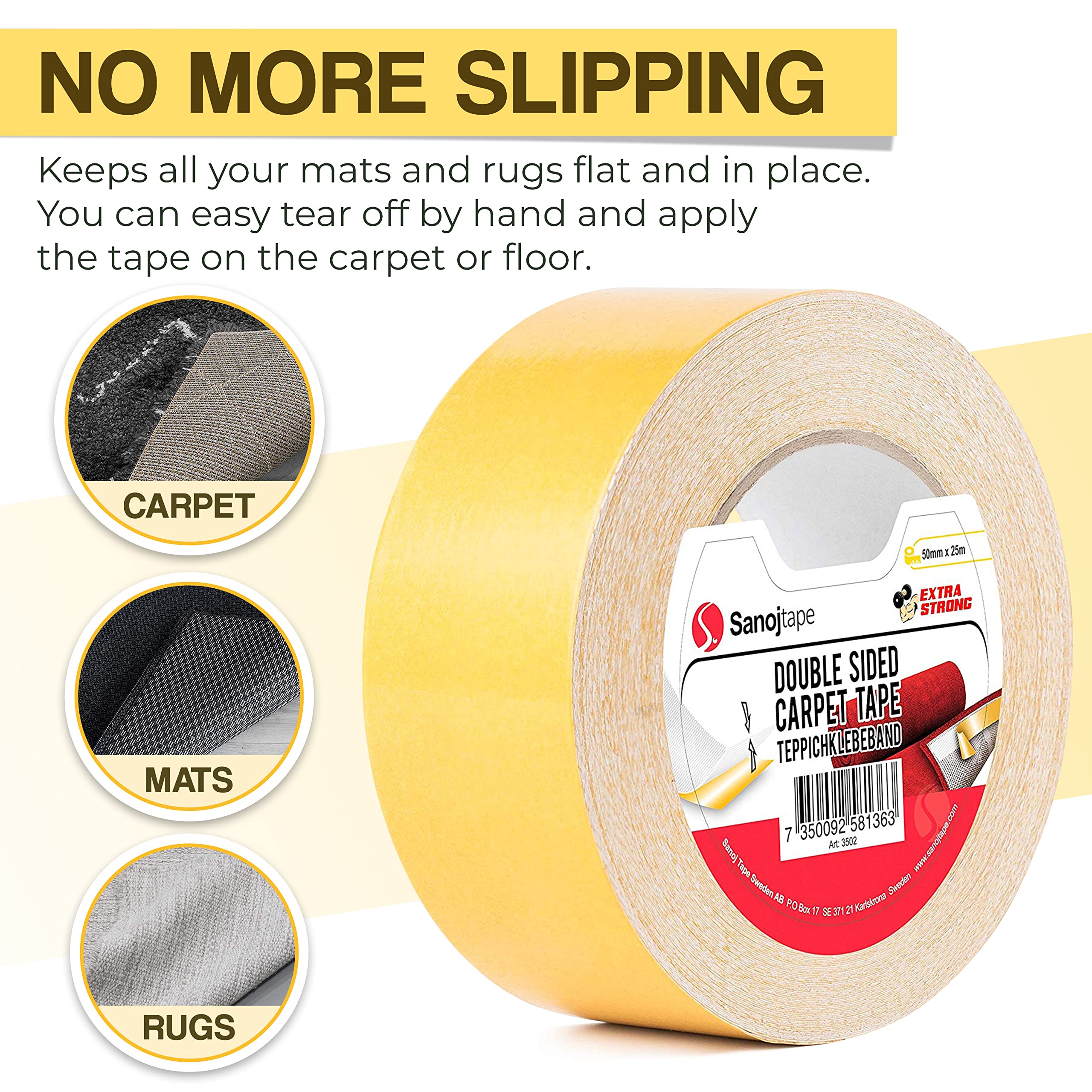 Sanojtape Ruban à Tapis Original de 50mm x 25m (Lot de 3) Extra Fort Double Face Ultrarésistant pour Tapis, Carpettes, Paillassons & Intérieurs