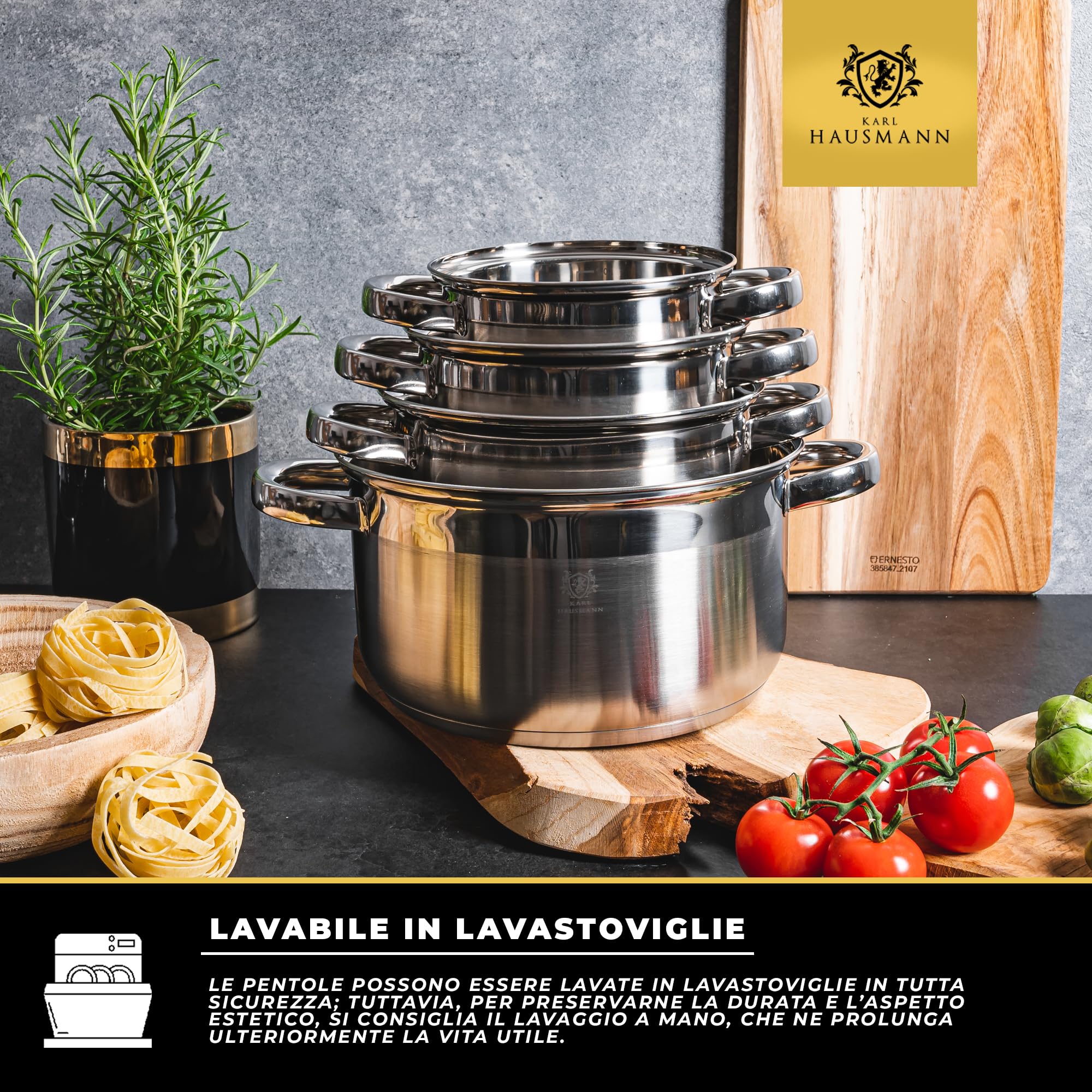 KARL HAUSMANN Set Pentole 4 Pezzi Acciaio Inox con Coperchi Termometro - Batteria Cucina Induzione, Pentole per Uso Quotidiano, Gas, Elettrico, Vetroceramica, 4 Misure