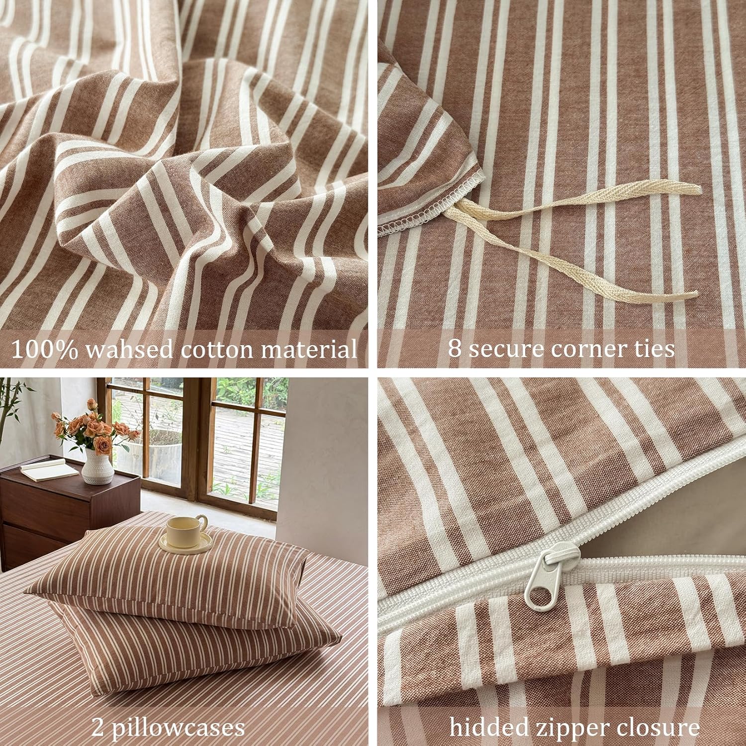Striped Duvet Cover Set 100% Washed Cotton Linen Like Soft Feelling Breathable Bedding(Burnt Orange/White Strip,Queen) - Image 5