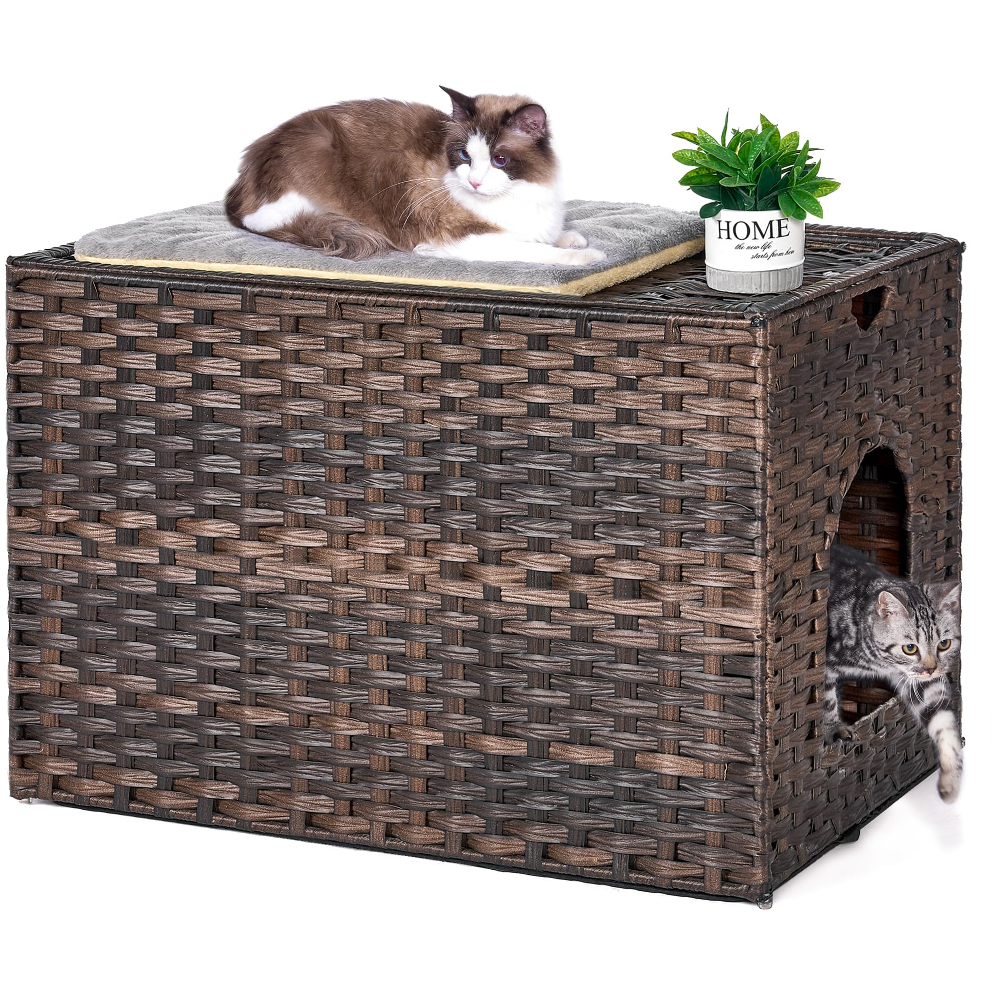 Cat Litter Box Enclosure with Litter Trapping Mat; Handwoven Plastic Rattan Cat House; No Installation Hidden Cat Washroom; Pet Crate for Balcony,Bedroom,Living Room
