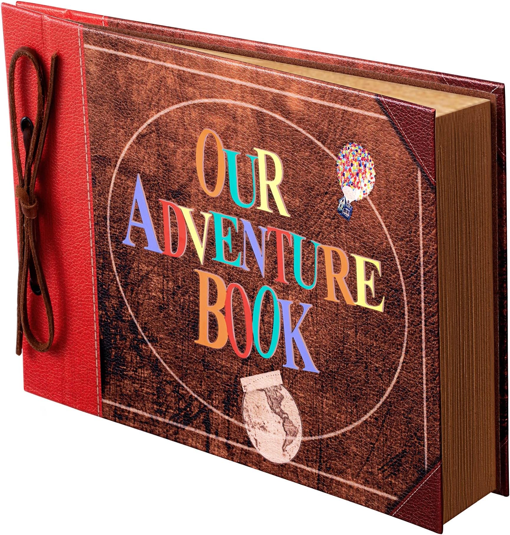 Scrapbook Photo Album,Our Adventure Scrap Book, Embossed Words Hard Cover Movie Up Travel Book for Anniversary, Wedding, Travelling, Baby Shower, etc (Leather Adventure Book)