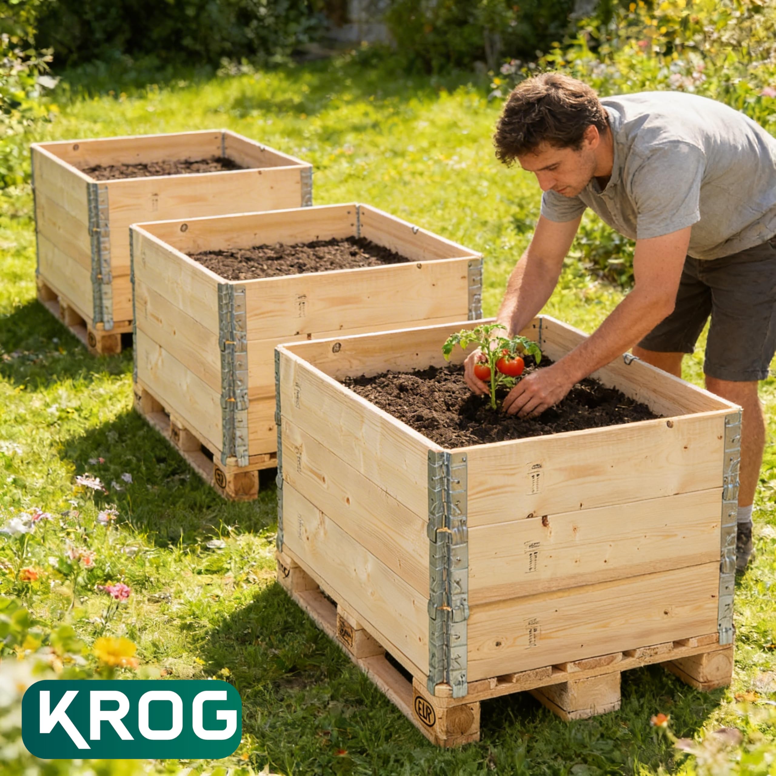 Krog® Hochbeet Holz 120x80x60 cm aus stabilem Palettenrahmen – stapelbares Hochbeete-Kit für Garten – ideal als Gemüsebeet, Kräuterbeet oder erweiterbar zum Hochbeet mit Frühbeetaufsatz