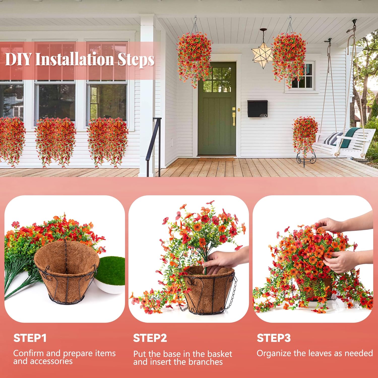 Artificial Fake Hanging Flowers with Basket Outdoor Summer Decoration, Fake Mums Silk Daisy Flowers Planter Eucalyptus Realistic UV Resistant for Outside Garden Porch Patio Home Decor(Orange Red) - Image 6