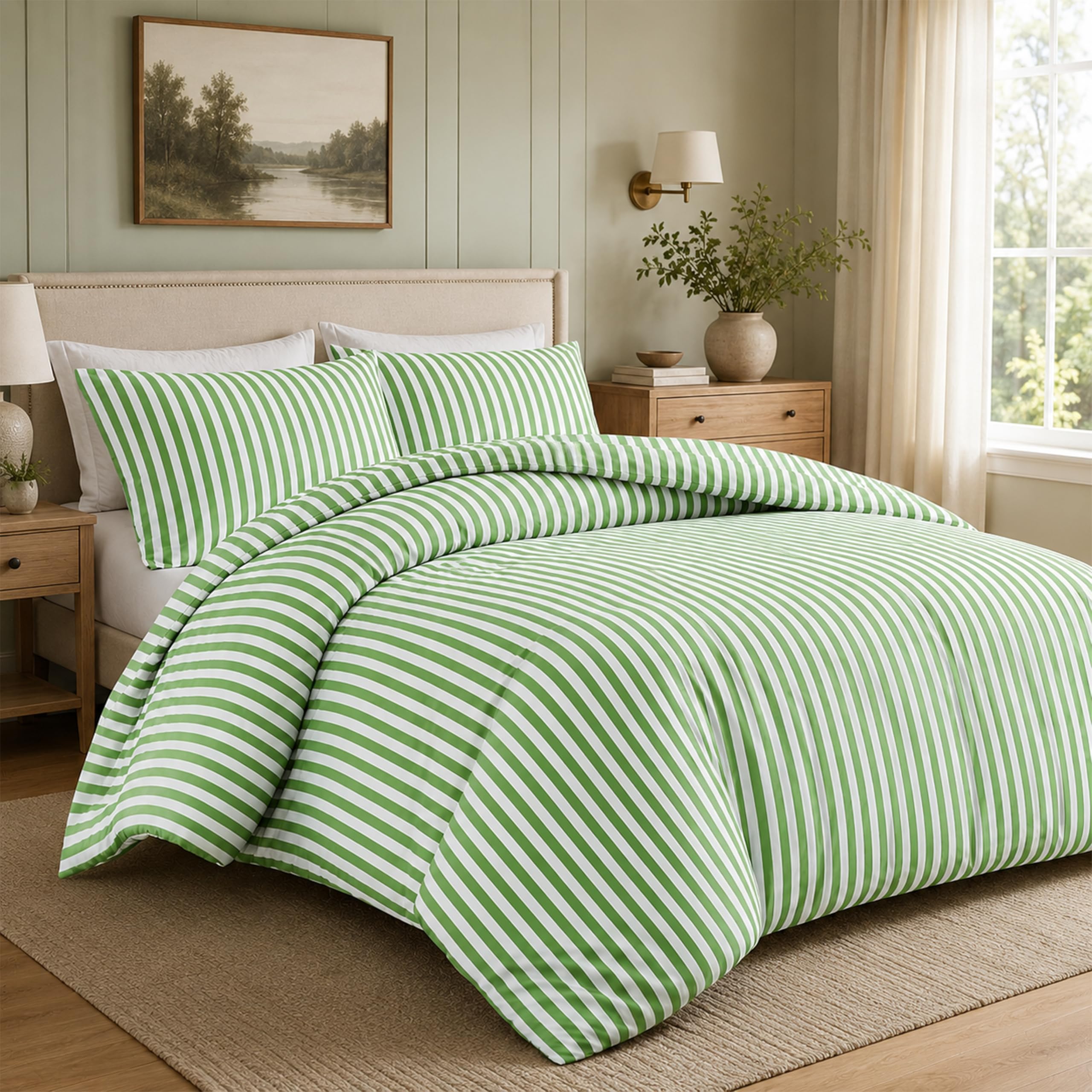 Olivia Rocco Sage Green Malham Stripe King Duvet Cover Set Soft Microfibre Bedding Reversible Quilted Bed Sets With Pillowcases (, King)