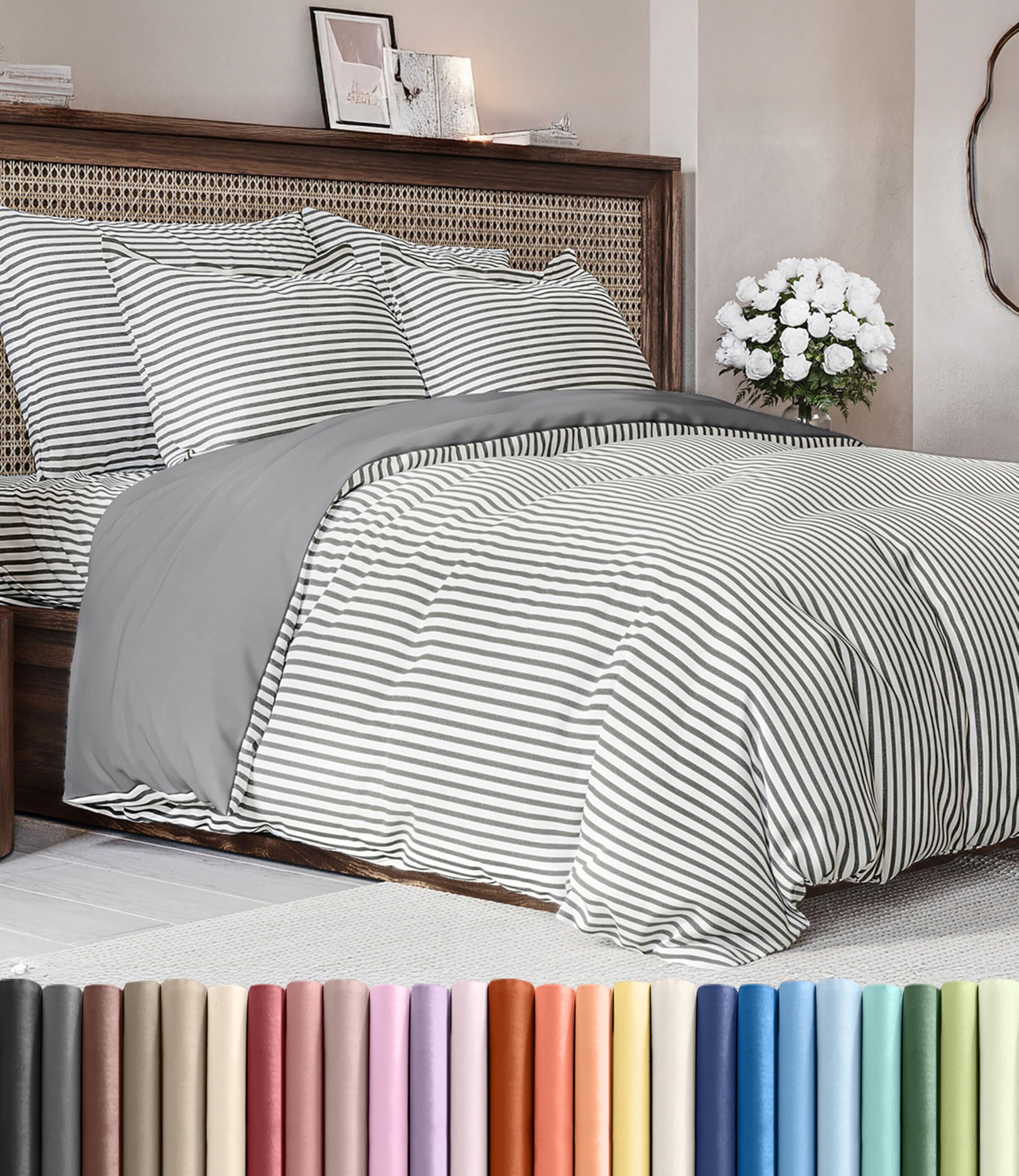 Duvet Cover King Size - 3 Piece with Zipper Closure - Grey Stripes