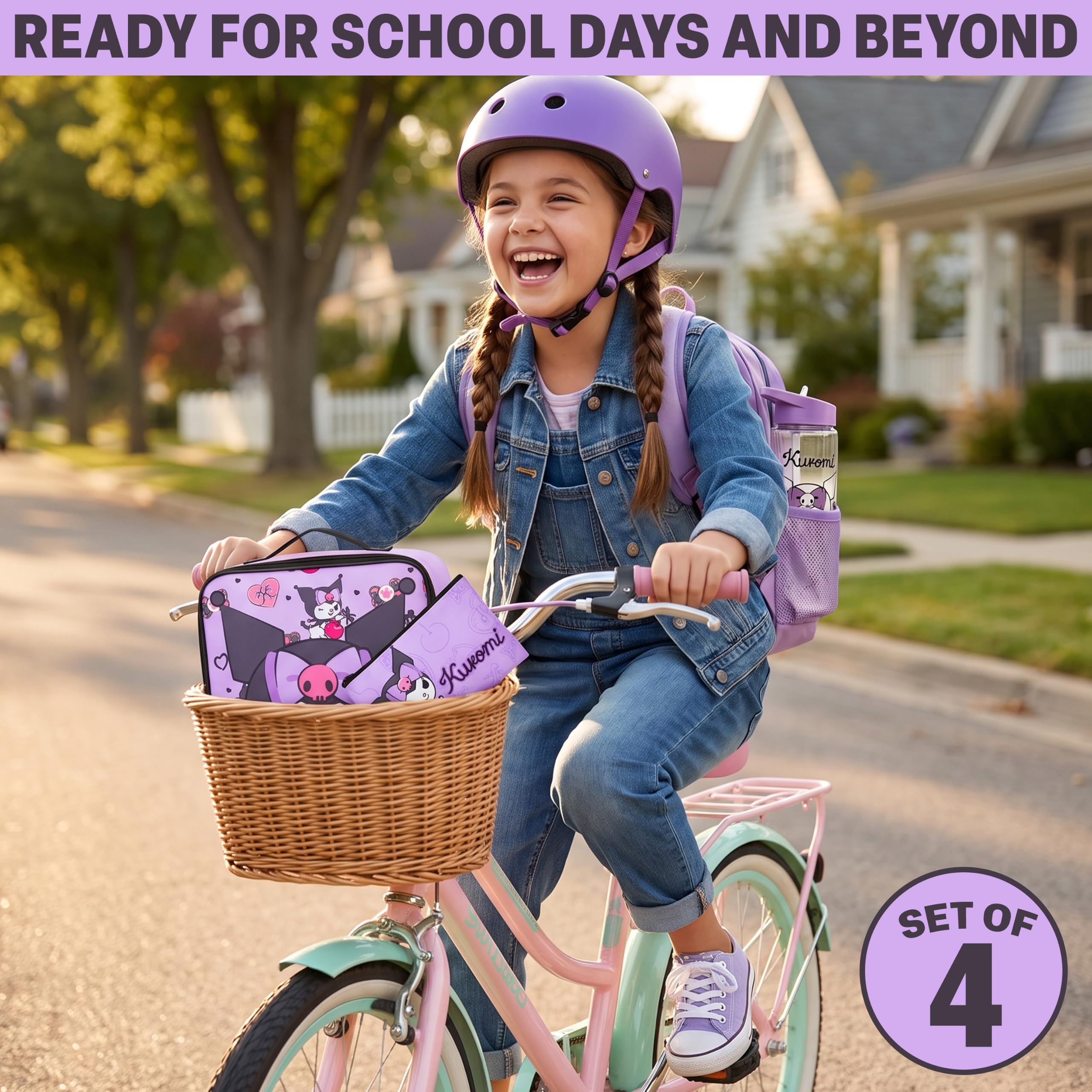 Get Trend Hello Kitty Kuromi Mochila Escolar Niña Set 4 Piezas Bolsa Térmica, Estuche Escolar y Botella de Agua 500 ml, Regalo Niña (Morado Kuromi)