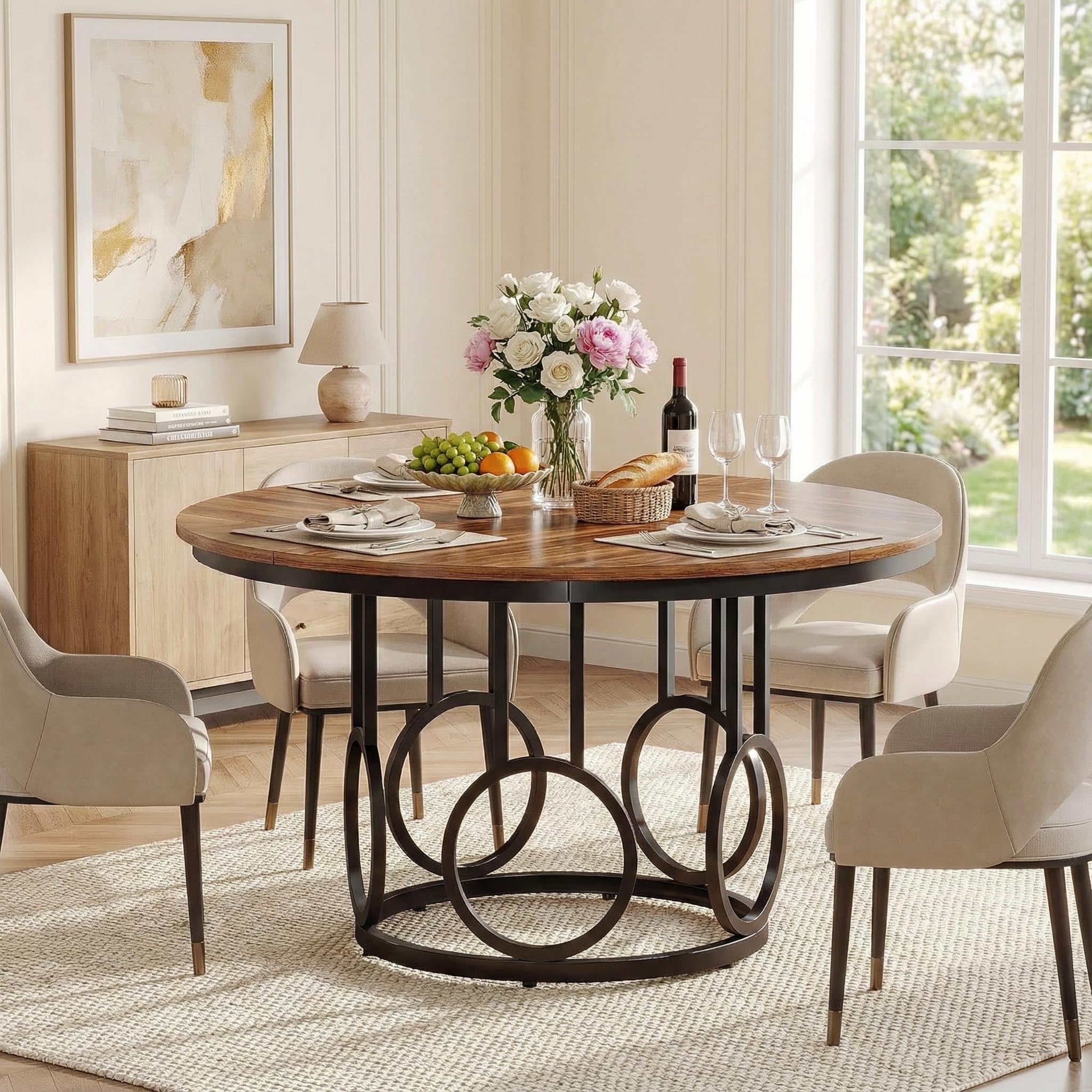 Lailang 120cm Mesa Comedor, Mesa Cocina Redonda, Mesa de Jantar Redonda, Muebles Rusticos, Mesa Redonda para 4 Personas, Mesa Comedor 120, 120 x 120 x 75 cm, Brown & Black