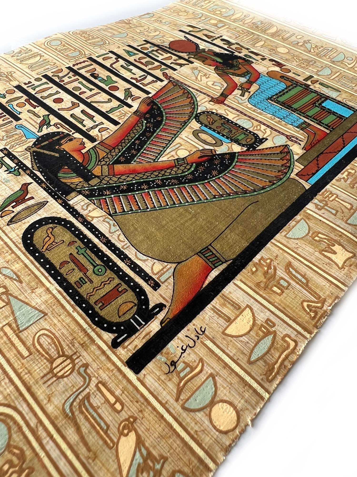 Handbemalter Papyrus 'Göttin Maat/Isis' – Vintage Ägypten-Deko, 43,2 X 33 Cm, Mit Echtheitszertifikat