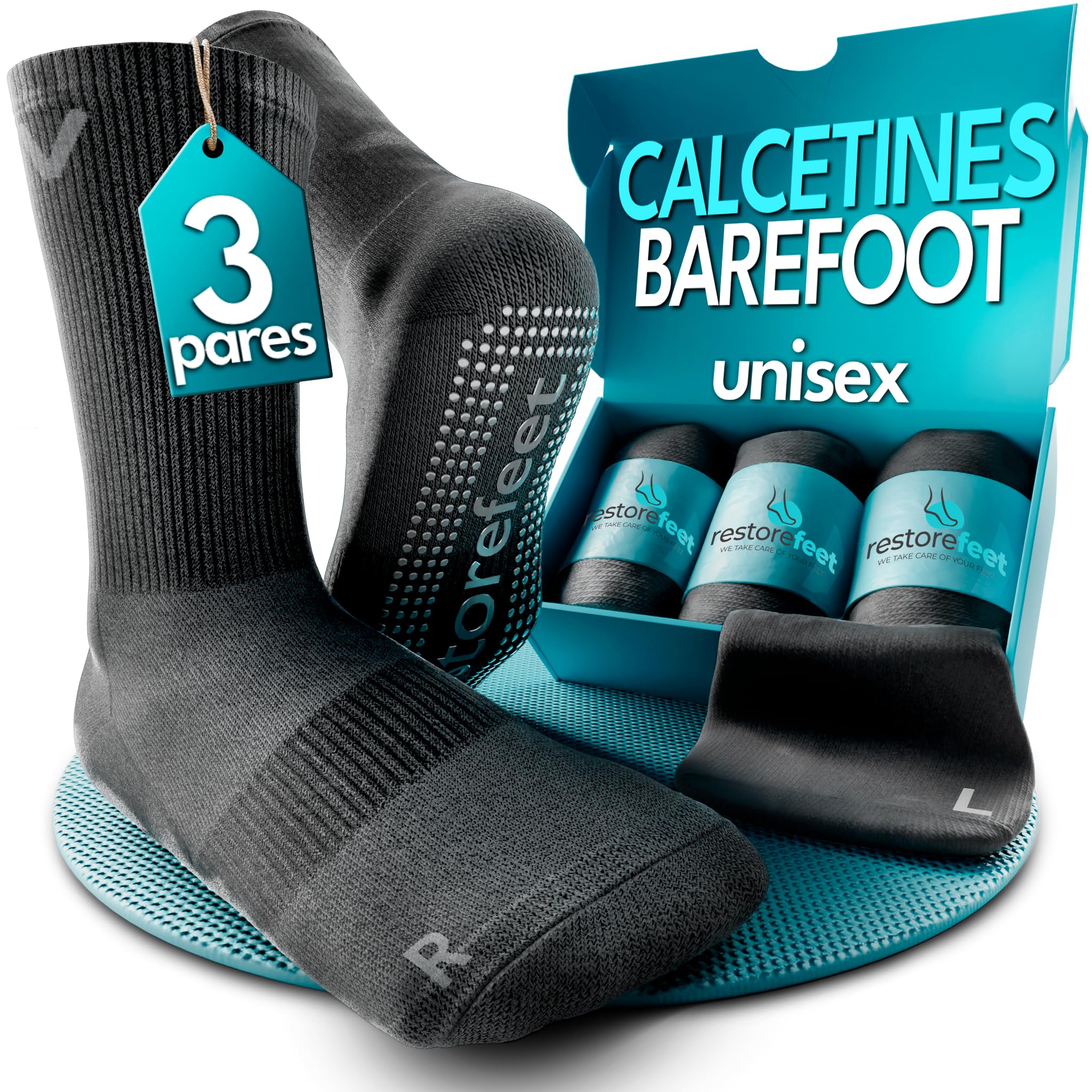 RestoreFeet Barefoot Calcetines Antideslizantes Mujer y Hombre – Calcetines Pilates para Yoga y Fitness, Diseño Anatómico, Antirrozaduras y Antisudor