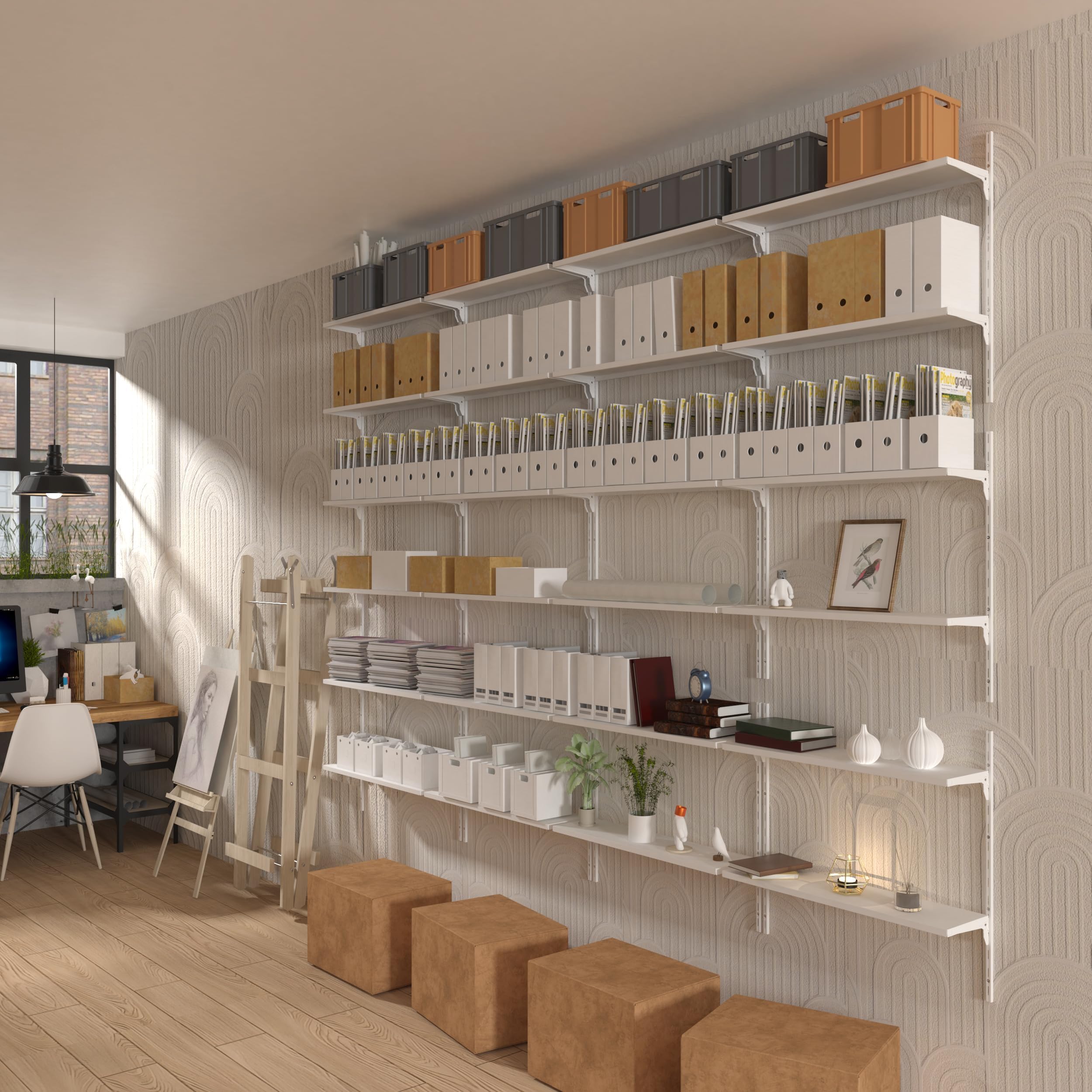 STORKING 8" Deep ×32″ Long Adjustable Deep Floating Shelves For Wall 2‑Tier, Wall Mount Metal Shelf 110 LBS, Heavy Duty White Storage Rack For Garage, Kitchen, Bathroom, Bedroom, Wall Shelving Decor - View #7