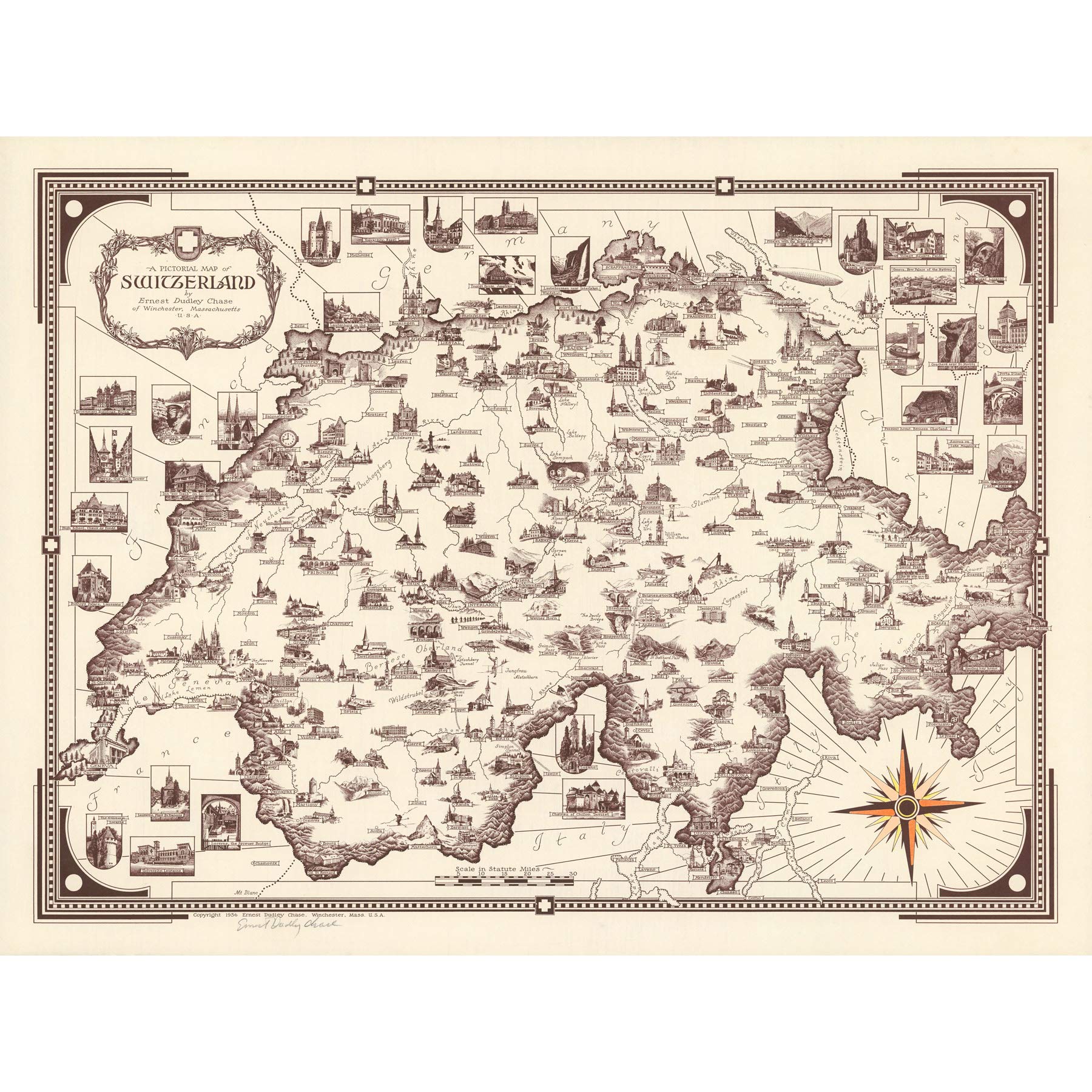 Artery8 Map Ernest Dudley Chase 1936 Switzerland Pictorial Premium Wall Art Canvas Print 18X24 Inch