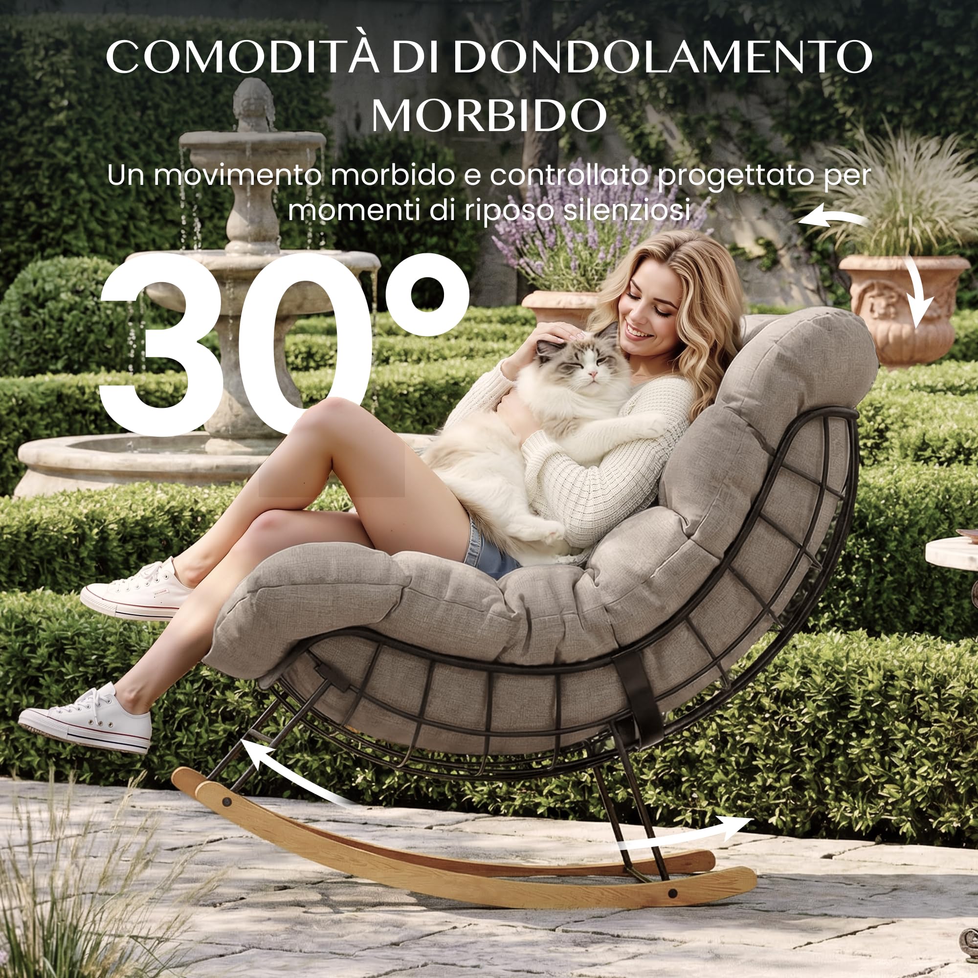FLEXISPOT Sedia a Dondolo da Giardino, Poltrona Relax Ergonomica con Poggiatesta Imbottito, Struttura in Metallo Robusta, per Balcone, Terrazza e Soggiorno