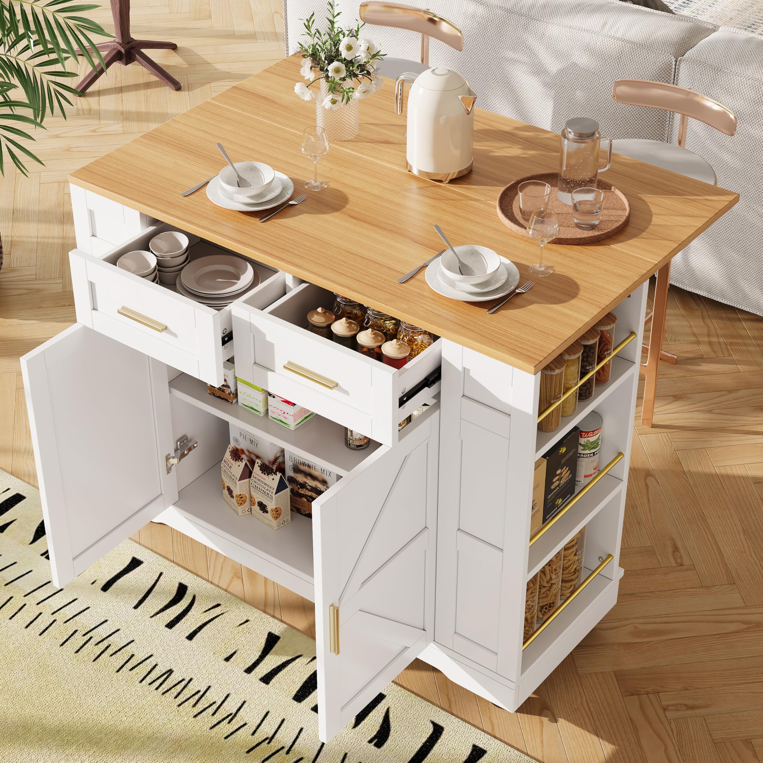 Massbinet Kitchen Island on Wheels Rolling Island Cart with 2 Drawers and Double-Sided Storage Racks Storage Cabinet with Foldable Worktop Mobile Carts Portable Trolley for Home and Kitchen White