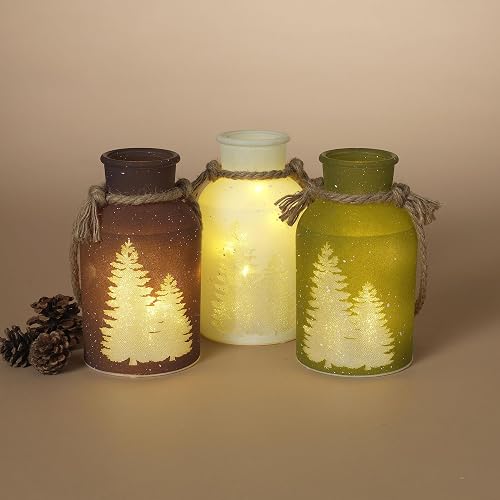 Gerson Company 7.25" H B/O Lighted Holiday Glass Jar W/Jute Hanger, 3 Asst