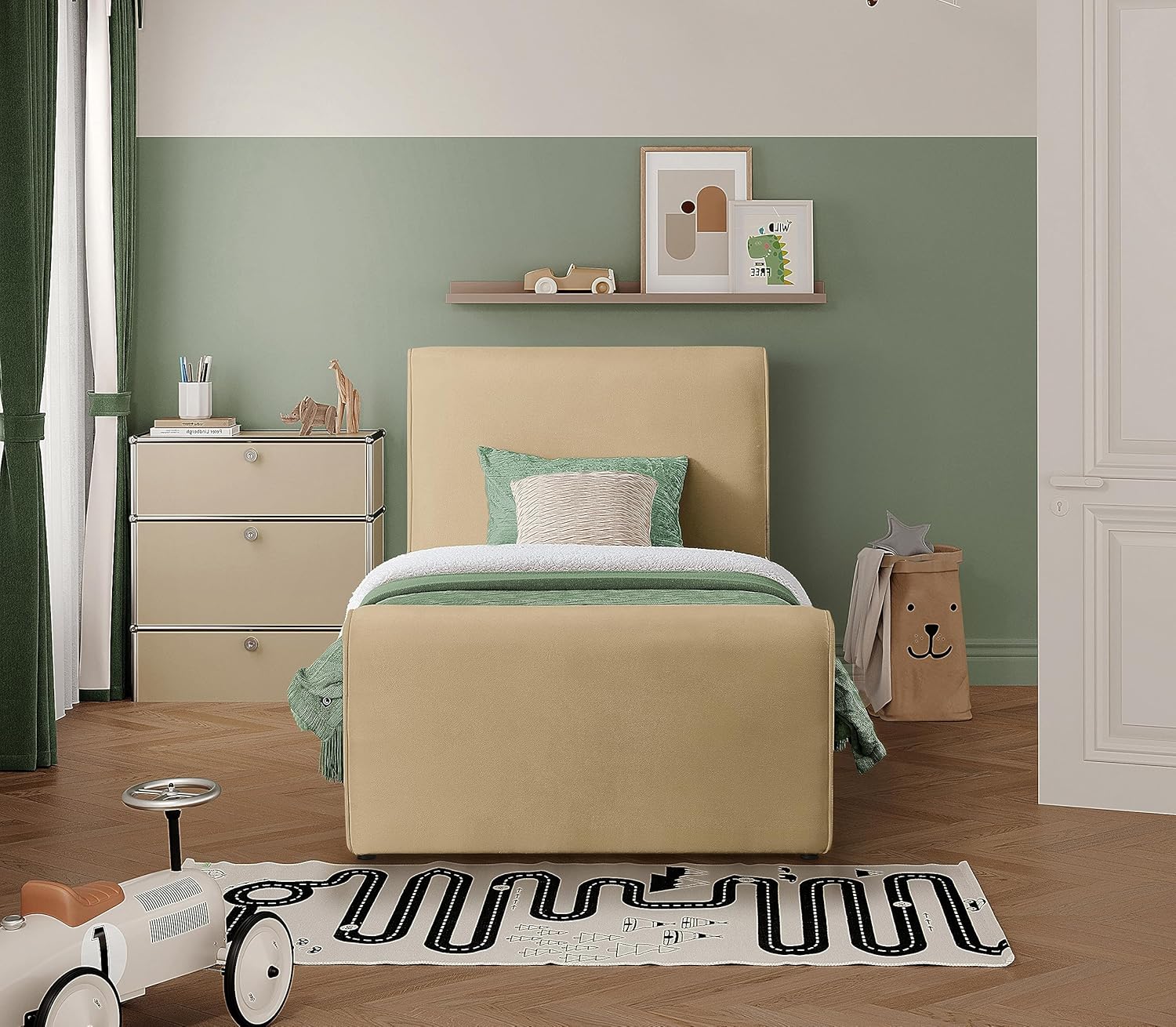 Meridian Furniture SloanCamel-T Sloan Collection Modern | Contemporary Velvet Upholstered Twin Bed with Rich Soft Camel Velvet, Curved Headboard and Footboard, 44.5" W x 92" D x 45" H, Camel, Twin