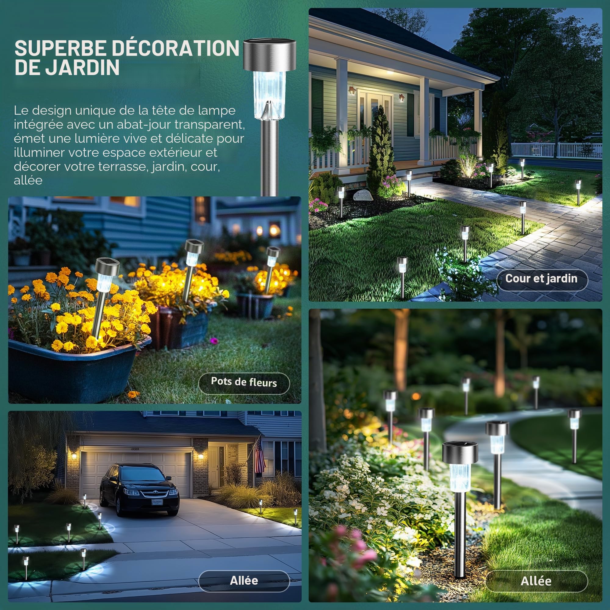 GIGALUMI Lampe Solaire Extérieur, Lampe Solaire Extérieur Jardin,Étanche Lumière Solaire Extérieur pour Terrasse, Pelouse, Jardin, Allée, Chemins, Acier Inoxydable,Lot de 12,Blanc