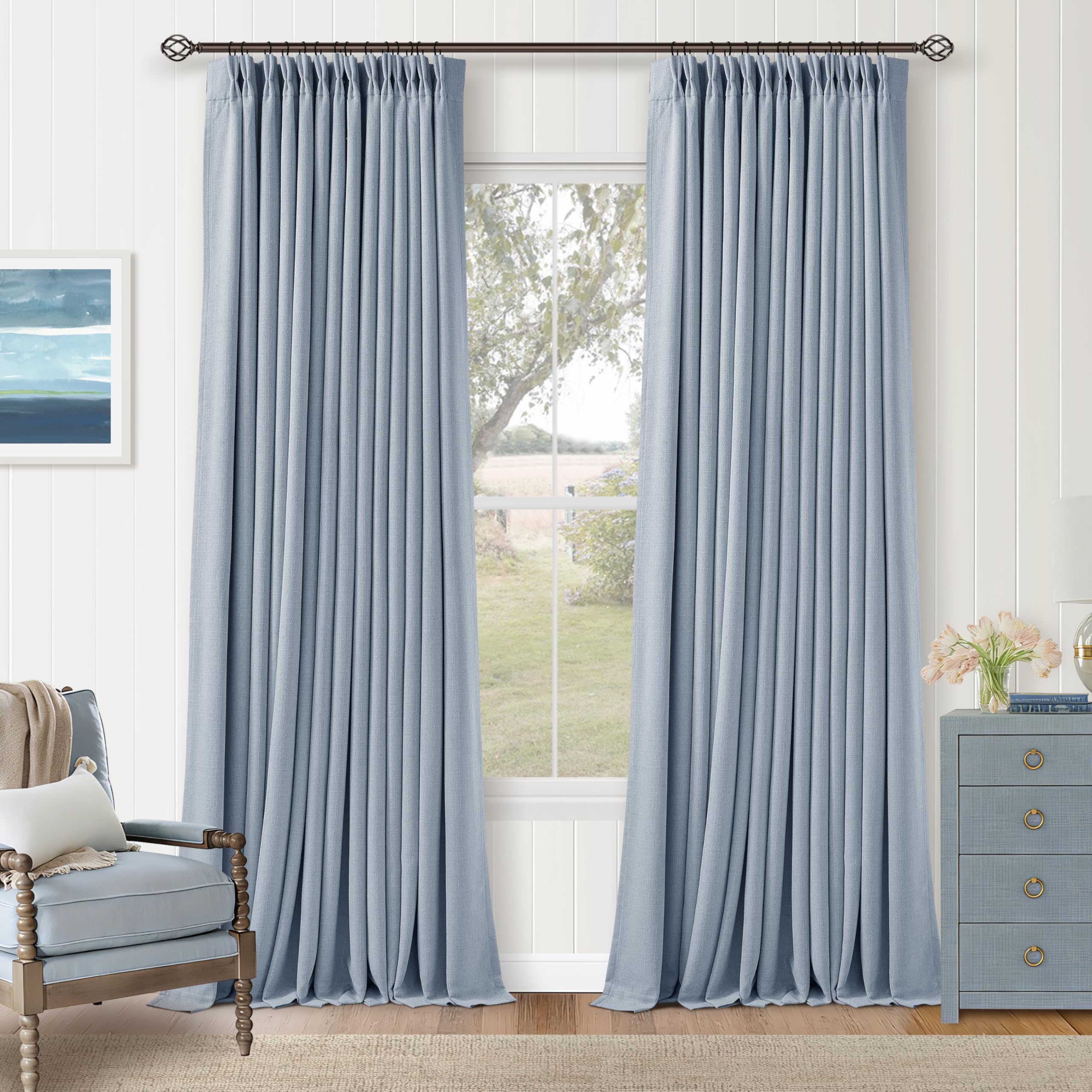 Photo 1 of 100 Inch Blackout Pinch Pleated Curtains 2 Panel Set for Living Room Darkening Thick Linen Textured 100% Black Out Drapes 100 Inches Long Pinch Pleat Light Blocking Baby Kids Bedroom Light Blue