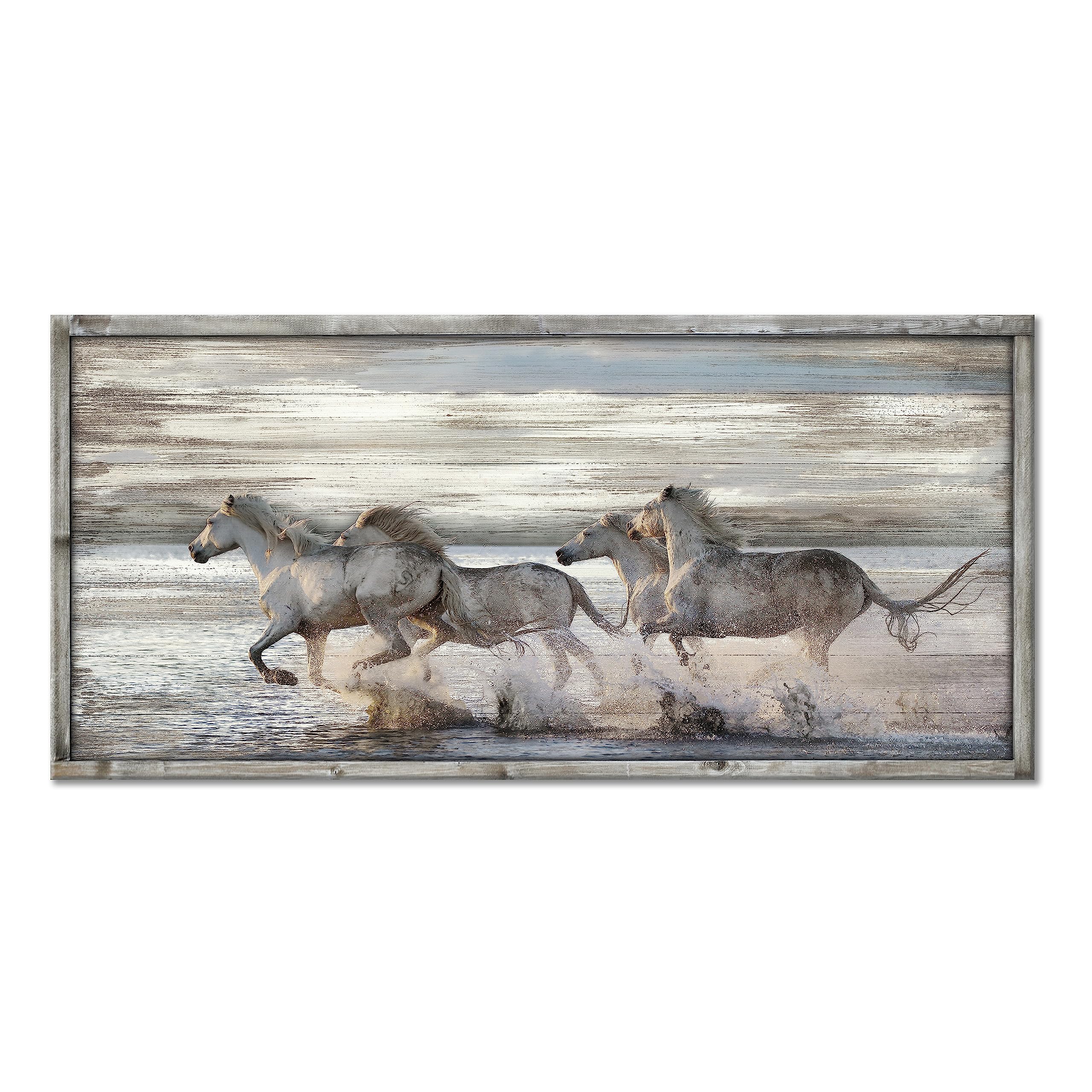 Quadro Con Cavalli Che Corrono Su Legno – UTOP-art, 122x61 Cm, Rustico, Pronto Da Appendere - 2
