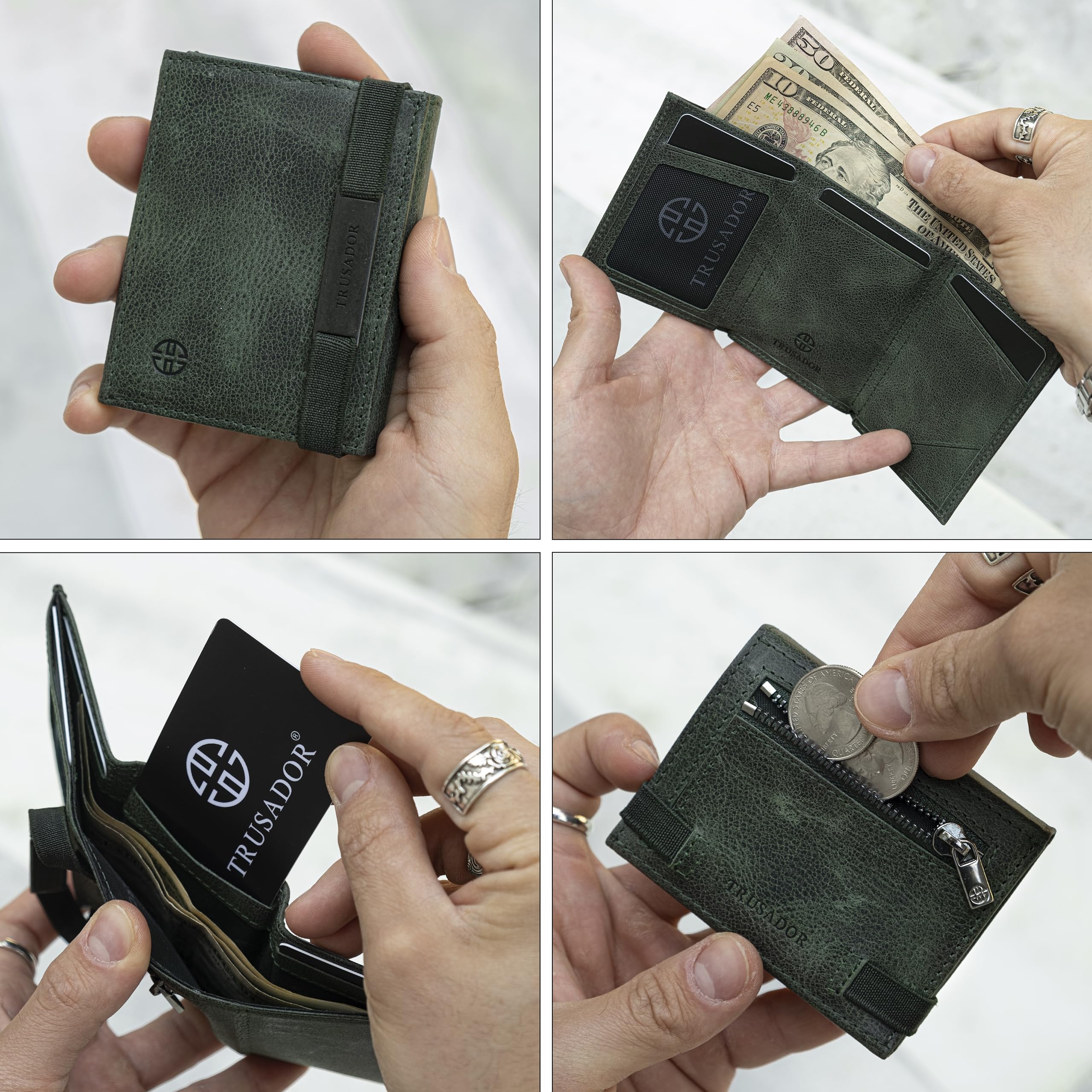 TRUSADOR Marseille Unisex Deri Cüzdan, RFID Koruma Kimlik Pencereli, Çıkarılabilir Ayna, Kart, Bozuk Para ve Nakit Bölmeli Şık Tasarım,Yeşil