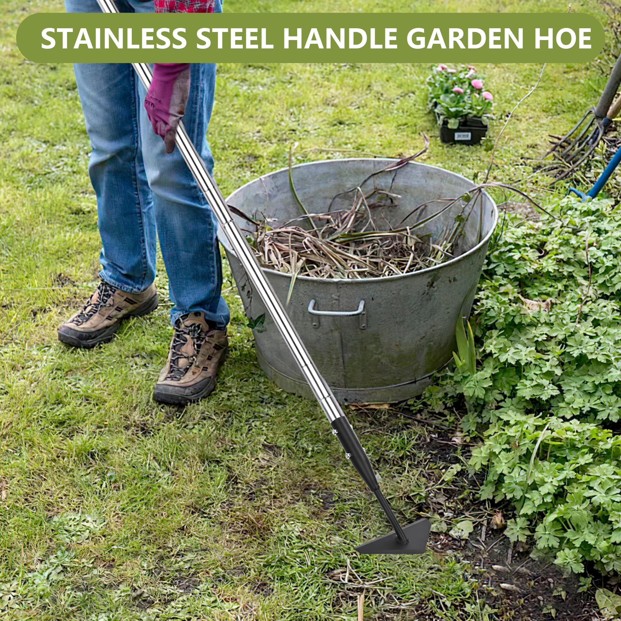 BARAYSTUS Triangle Garden Hoe, Carbon Steel Weed Remover Edger Lawn Tool with Stainless Steel Long Handle, Weed Puller Long Handle Hoe for Digging Weeding Hoeing Loosing Soil