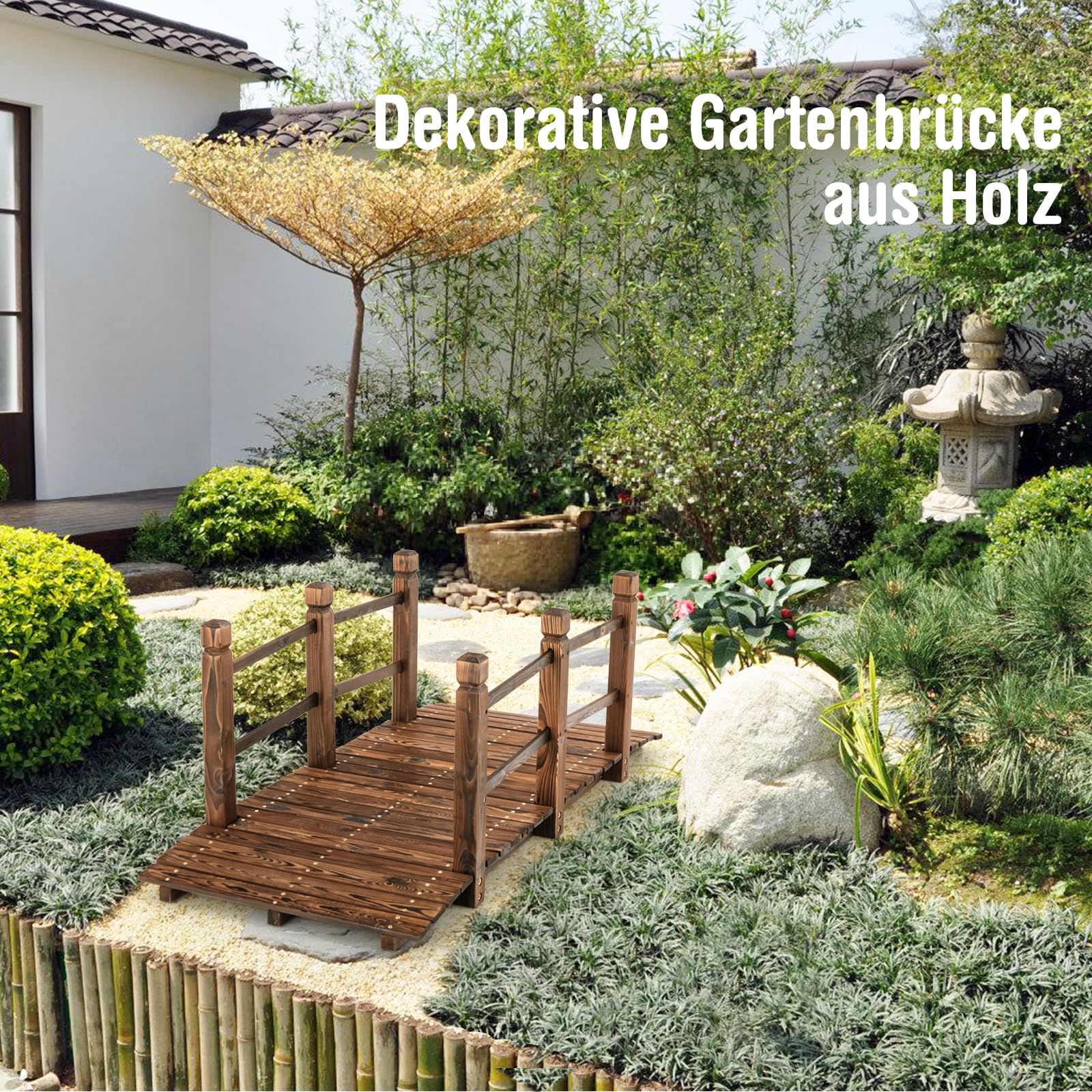 COSTWAY Brücke, Teichbrücke Gartenbrücke, Holzbrücke mit Geländern, Zierbrücke bis 180 kg belastbar, aus massivem Tannenholz, Dekobrücke für Garten Teich Außenbereich, 150 x 67 x 55 cm (Braun)