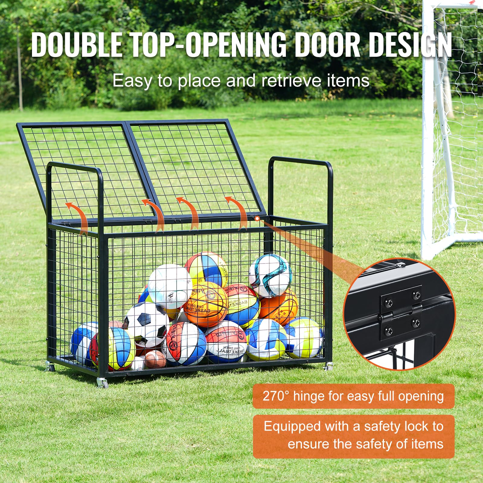VEVOR Carro de Pelotas con Cerradura Jaula Móvil de Almacenamiento de Pelotas 115x61x91,2cm con 4 Ruedas de Acero y Frenos Organizador para Equipos Deportivos Gimnasio Escuela Garaje Interior Exterior