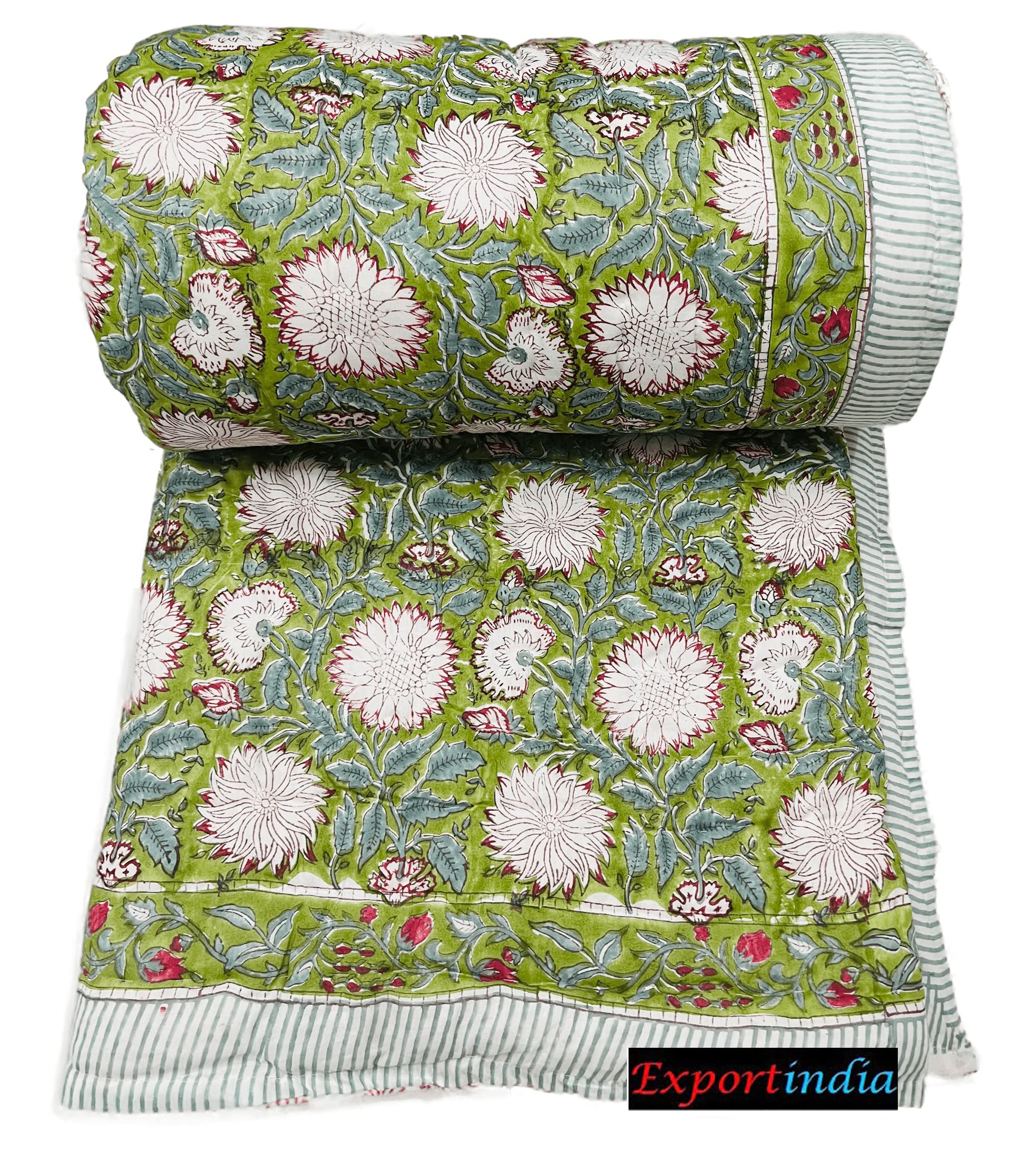 Exportindia Indian Hand Block Print Cotton Kantha Quilt Light Weight Hand Block Print 100% Cotton Quilt Jaipuri Razai King Size Quilt (California King US Size 108x108 Inch)