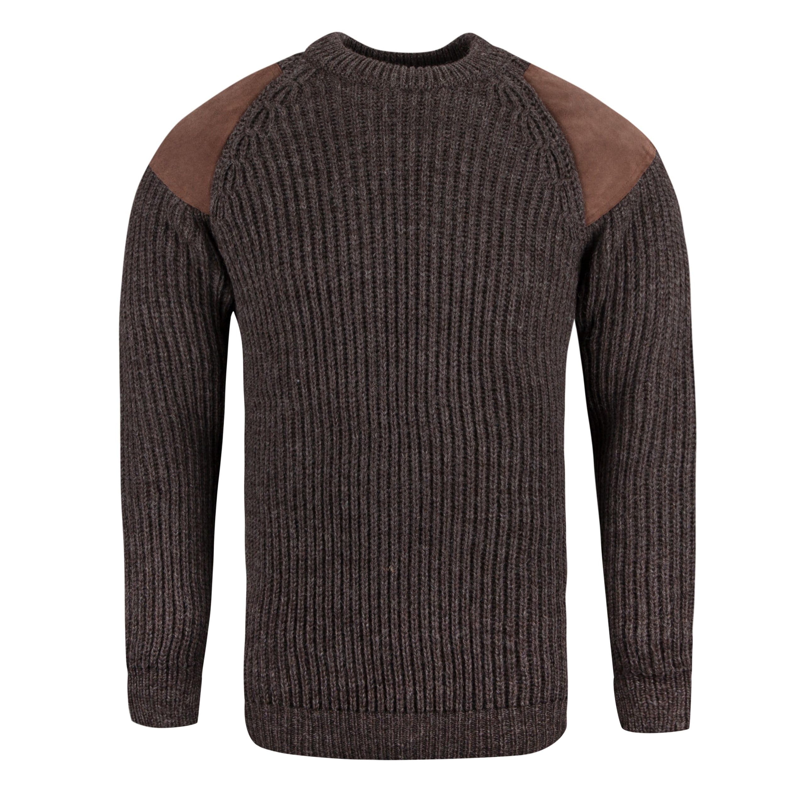 SCOTTISH ESSENCE Pure British Wool Countryman Crew Neck Jumper, Arran Patch Design, UK Made (UK, Alpha, M, Regular, Regular, Dark Brown)