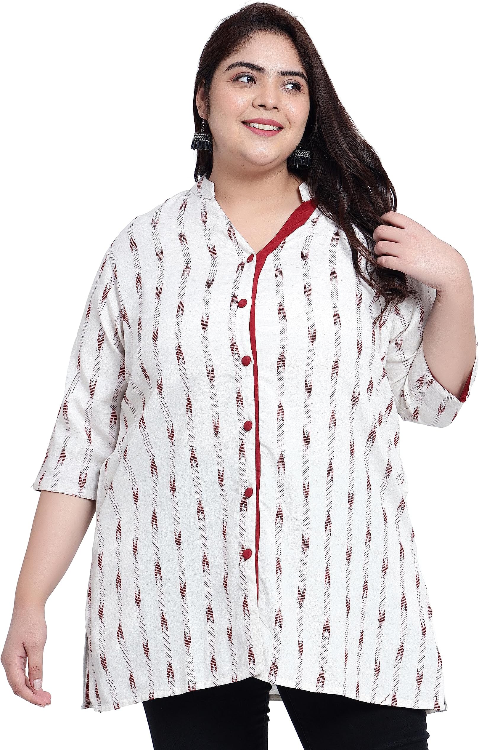 IndietogaWomen's Plus Size Cotton Tunics (P10001401_Red Ikkat Off-White_5XL)