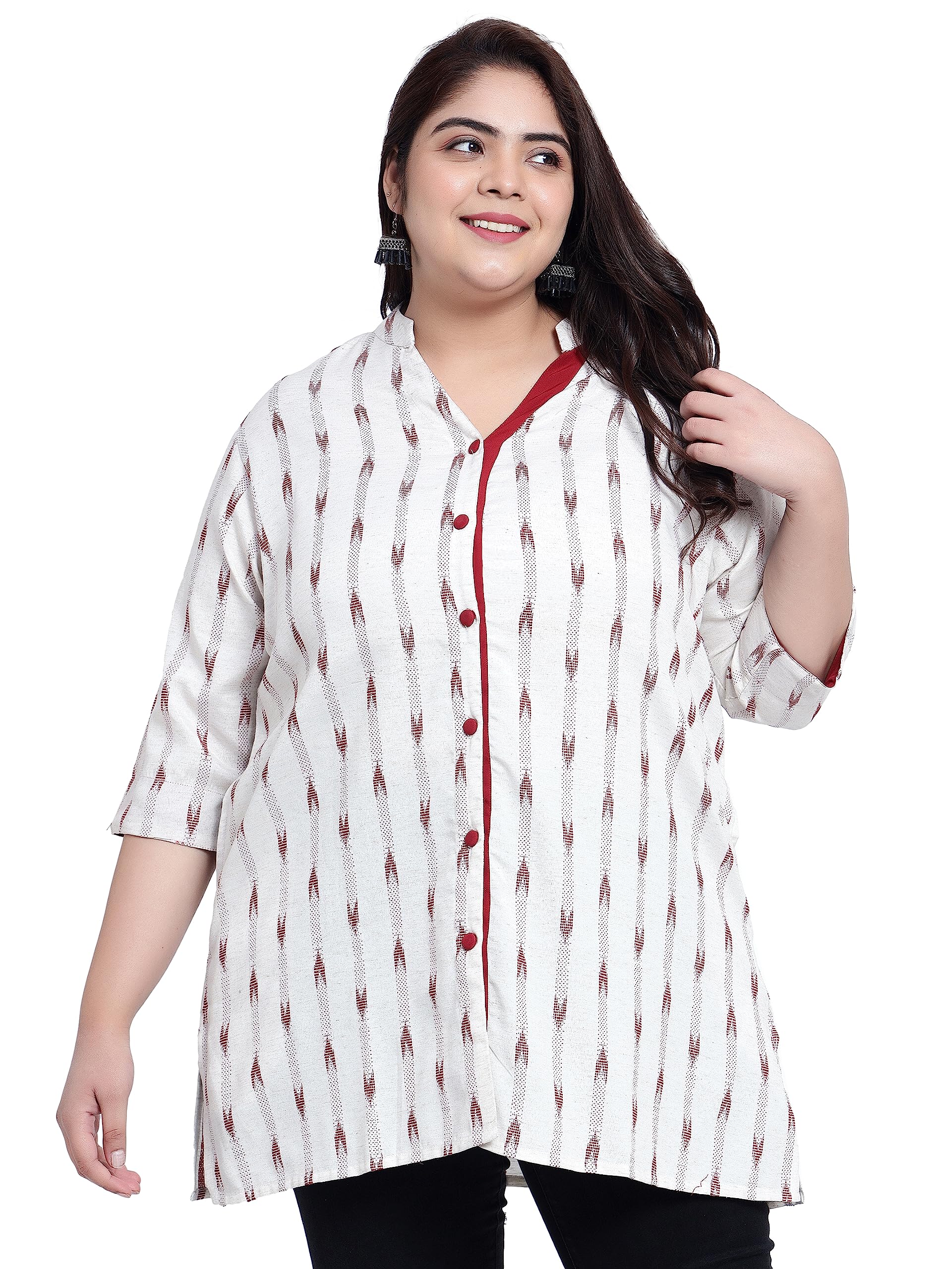 IndietogaWomen's Plus Size Cotton Tunics (P10001401_Red Ikkat Off-White_5XL)