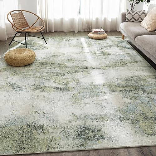Carvapet 8x10 Large Sage Green Rugs for Living Room Bedroom Dorm, 10 x 8 Washable Green Modern Abstract Low Pile Carpet with Rubber Backing, Foldable, Non Slip Thin Area Rug, Ultra Soft