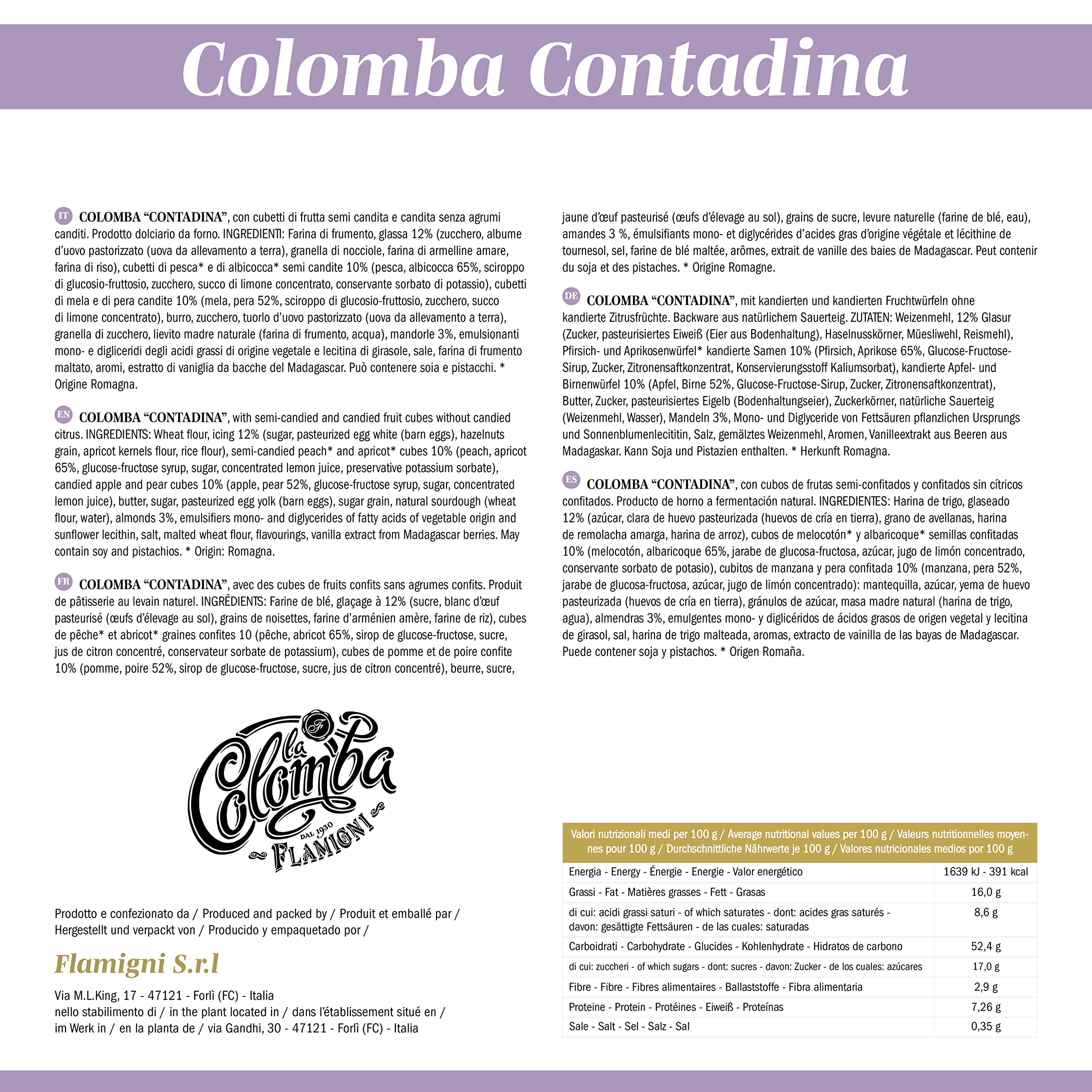 FLAMIGNI Oster Colomba Contadina 1 kg, mit Romagna Früchten, Handwerklich Süß, mit Exquisiten Halbkandierten Stücken von Birne, Pfirsich, Apfel und Aprikose, ohne Kandierung, Made in Italy
