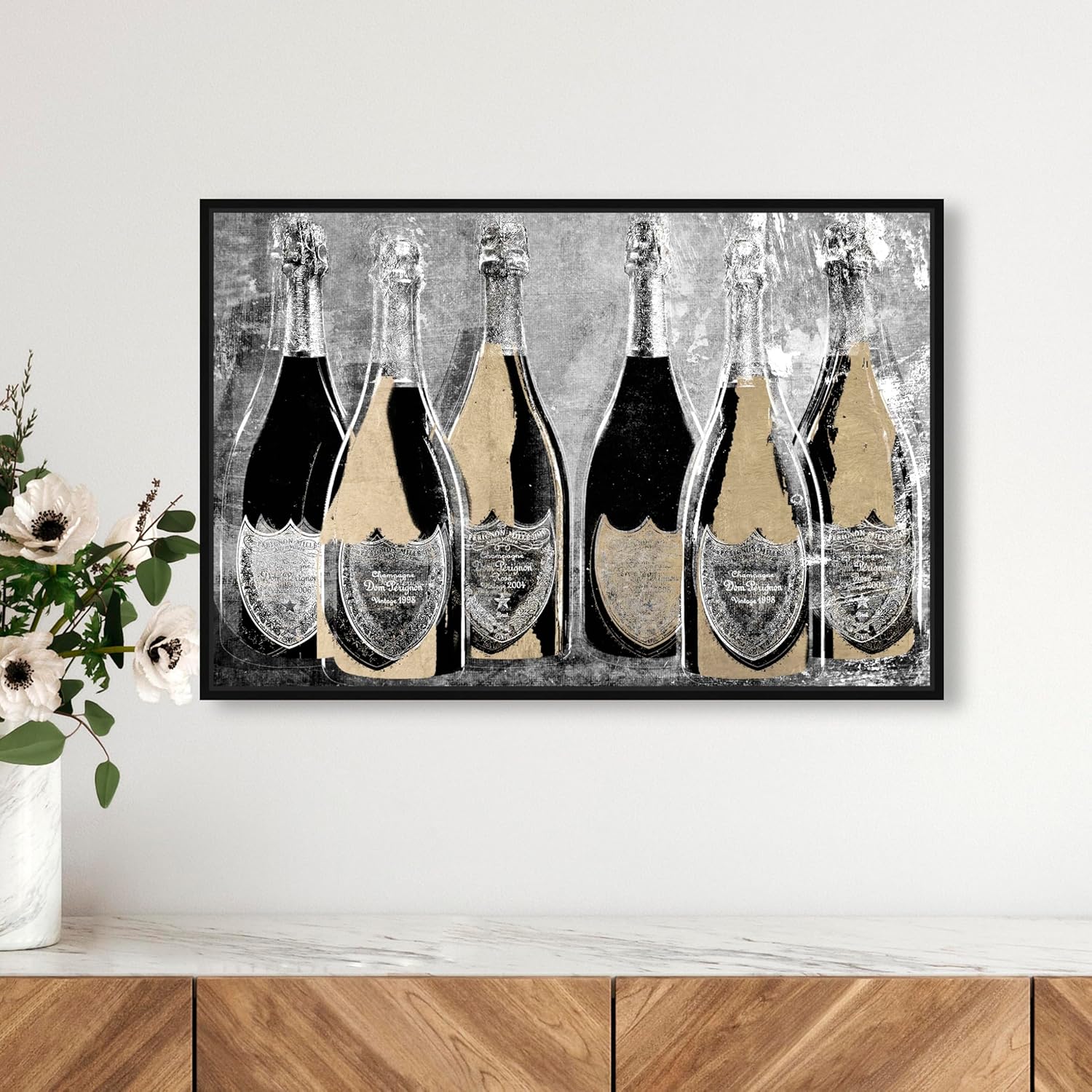 The Oliver Gal Artist Co. Drinks and Spirits Framed Wall Art Canvas Prints 'Dom Party Glam' Champagne Home Décor, 24" x 16", Gold, Black