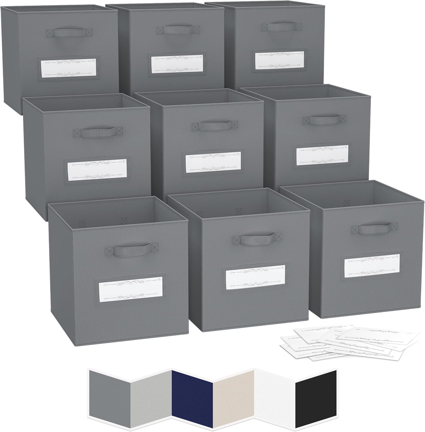 NEATERIZE Item Container, 13x13 Large Storage Cubes (Set of 9) with Label Window, Cube Storage Bins for Home and Office, Foldable Cube Baskets For Shelf, Closet Organizers, Fabric, Gray