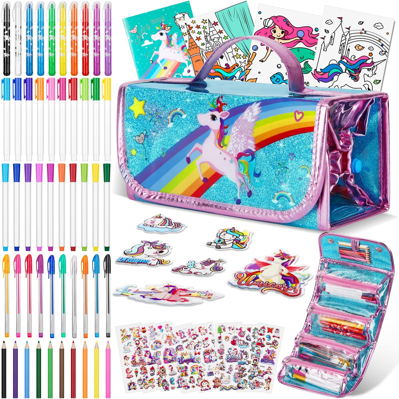 – Unicorn Gifts for Girls 3 4 5 6 7 8+ Year Old Girls Birthday Presents,Arts Set and Crafts for Kids,60pcs Unicorn Pencil Case with Washable Markers Stationery Set,Drawing Colouring Set for Kids