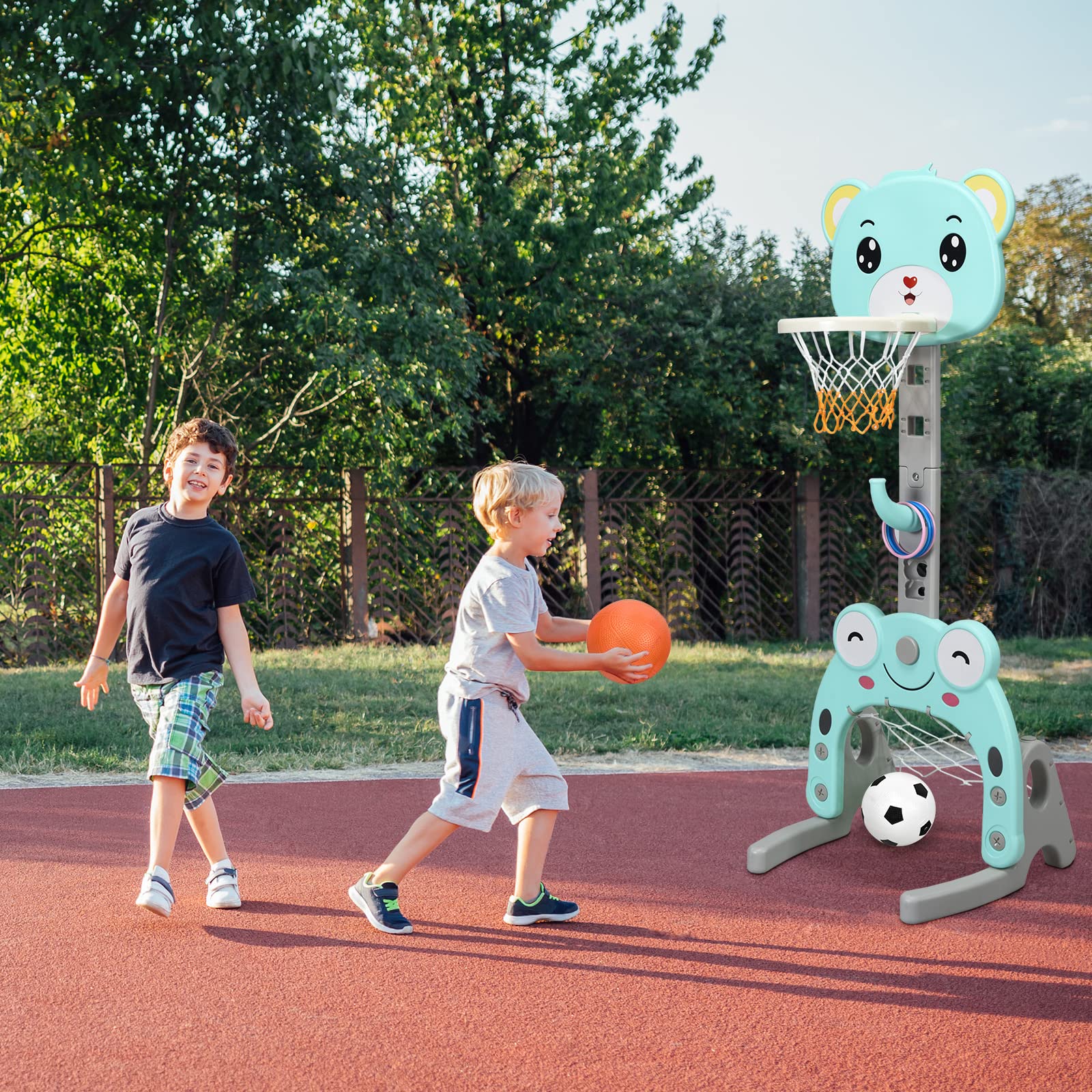 HOMASIS 3 in 1 Kinder Basketballkorb Set, multifunktional Basketballständer mit Fußballtor & Ringwurf im Tierform, höhenverstellbar Basketballkorb mit Ständer inkl. Bälle & Ringe (Blau)
