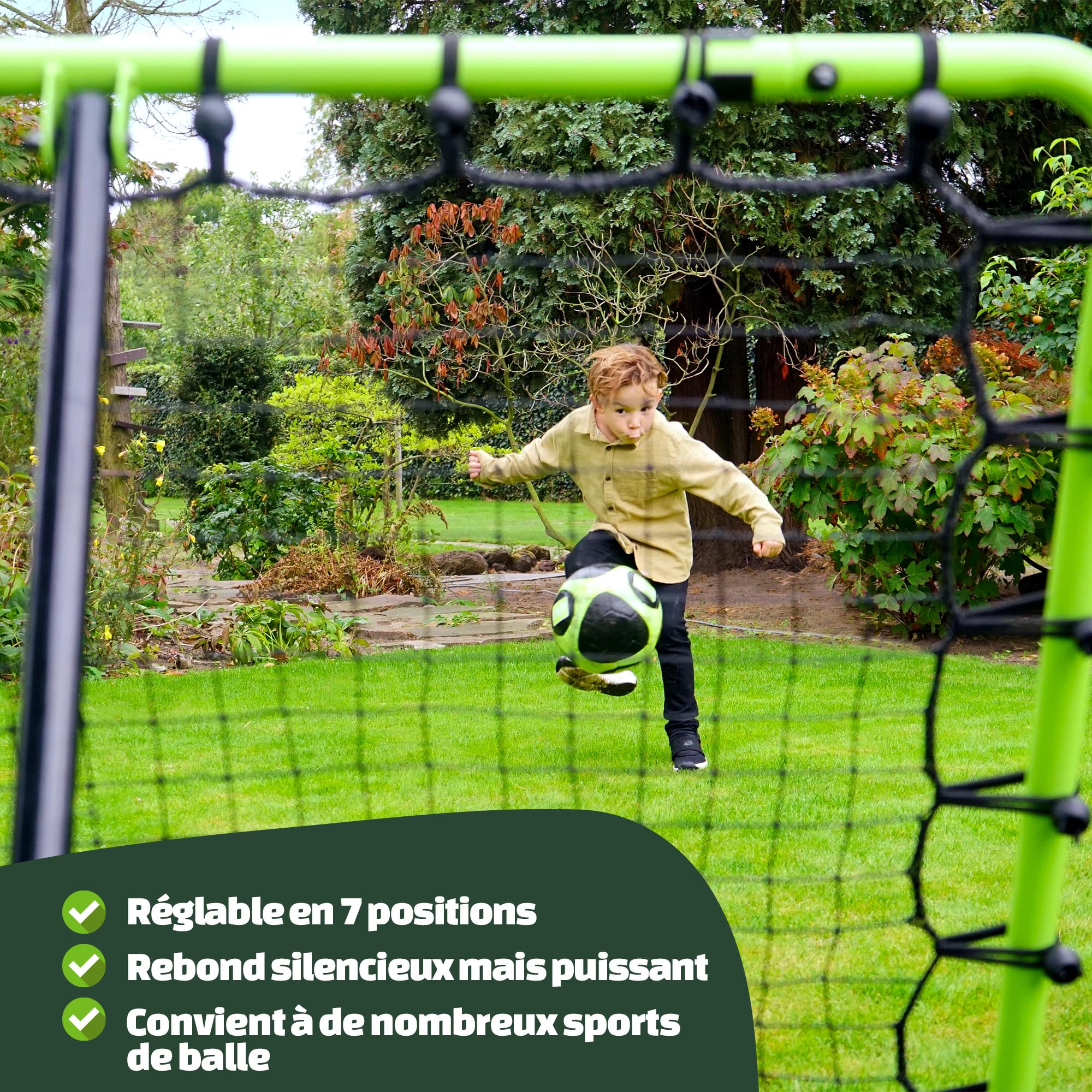 EXIT Toys Filet de Rebond 100 x 100 cm Réglable 7 Positions – Entraînement Football, Volleyball, Handball et Basketball – TÜV Testé – Tempo – Vert/Noir