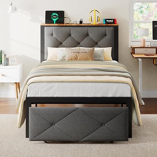 Miniatura 9 de iPormis Estructura de cama completa con 2 cajones de almacenamiento, cama de plataforma con cabecera tapizada de lino con estación de carga, no