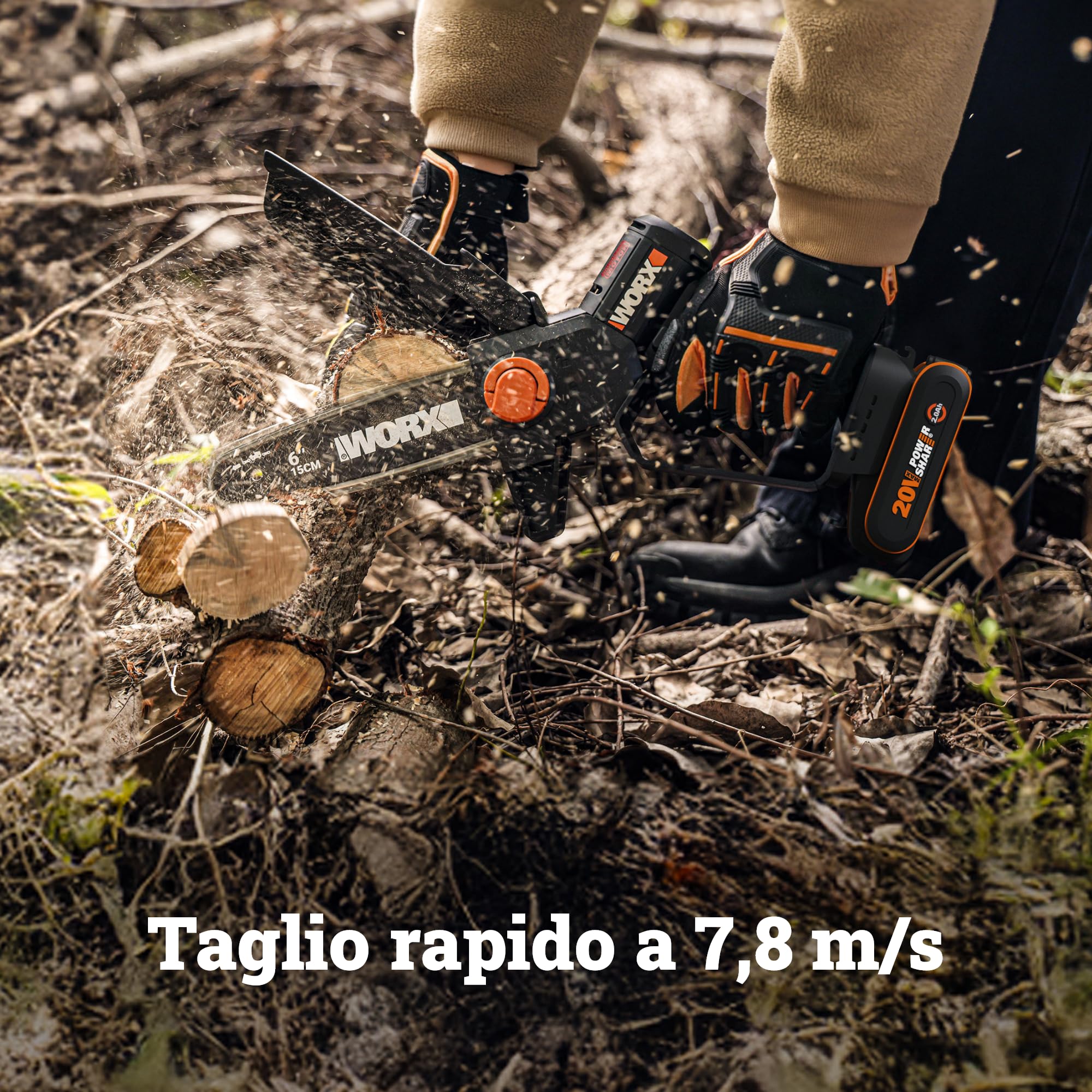 WORX WG327E.9 - Mini motosega a batteria, 20 V, lunghezza spada, 15 cm, motore brushless, cambio e tensione senza attrezzi, senza batteria e caricatore (compatto, leggero e cura degli arbusti)