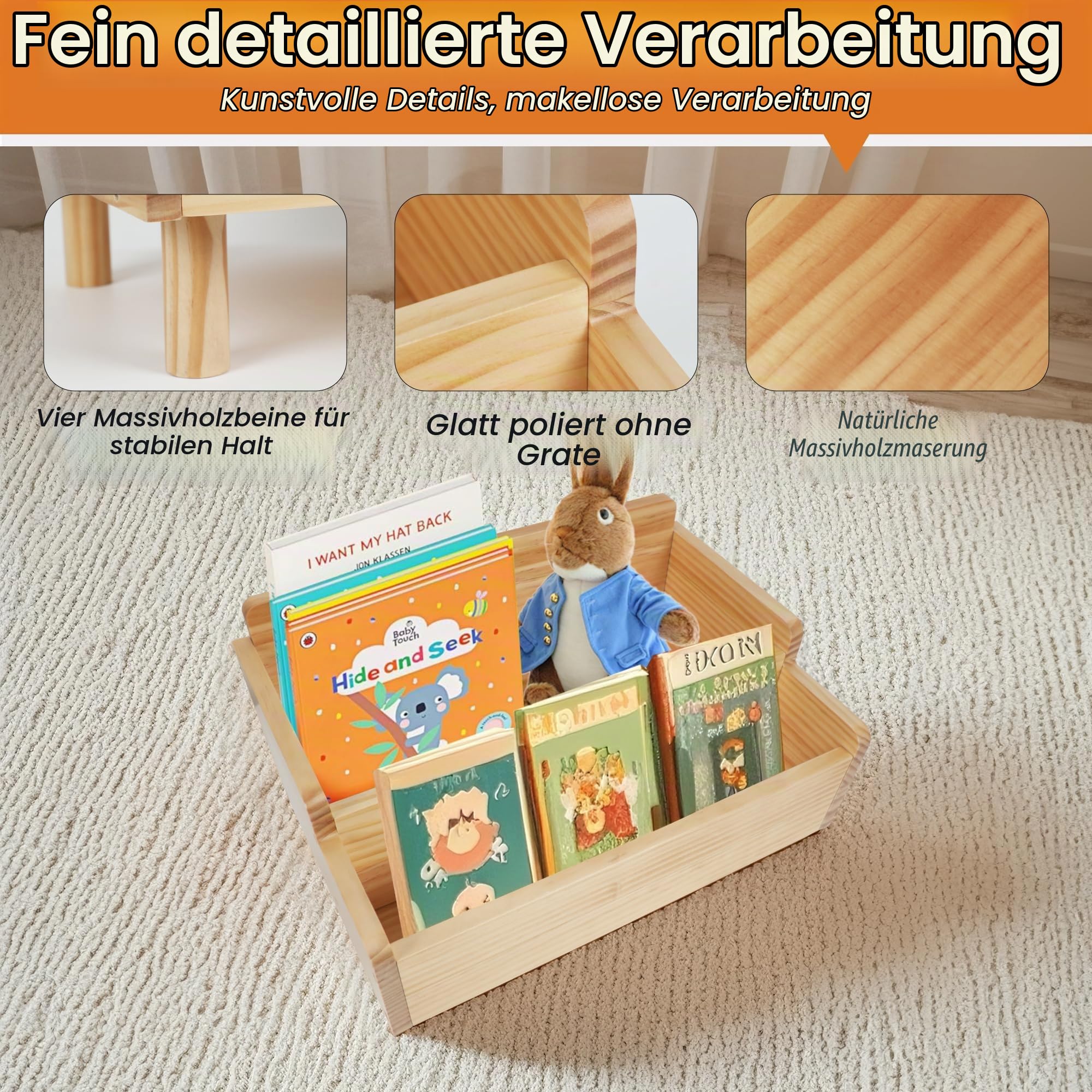 Kinder-Bücherregal,Montessori-Bücherregal klein für Kleinkinder,Baby-Bücher Aufbewahrungsregal mit Trennwand,Bücherhalter aus Holz für Spielzimmer,Kinderzimmer,Kinderkrippe,Klassenzimmer,Kiefer