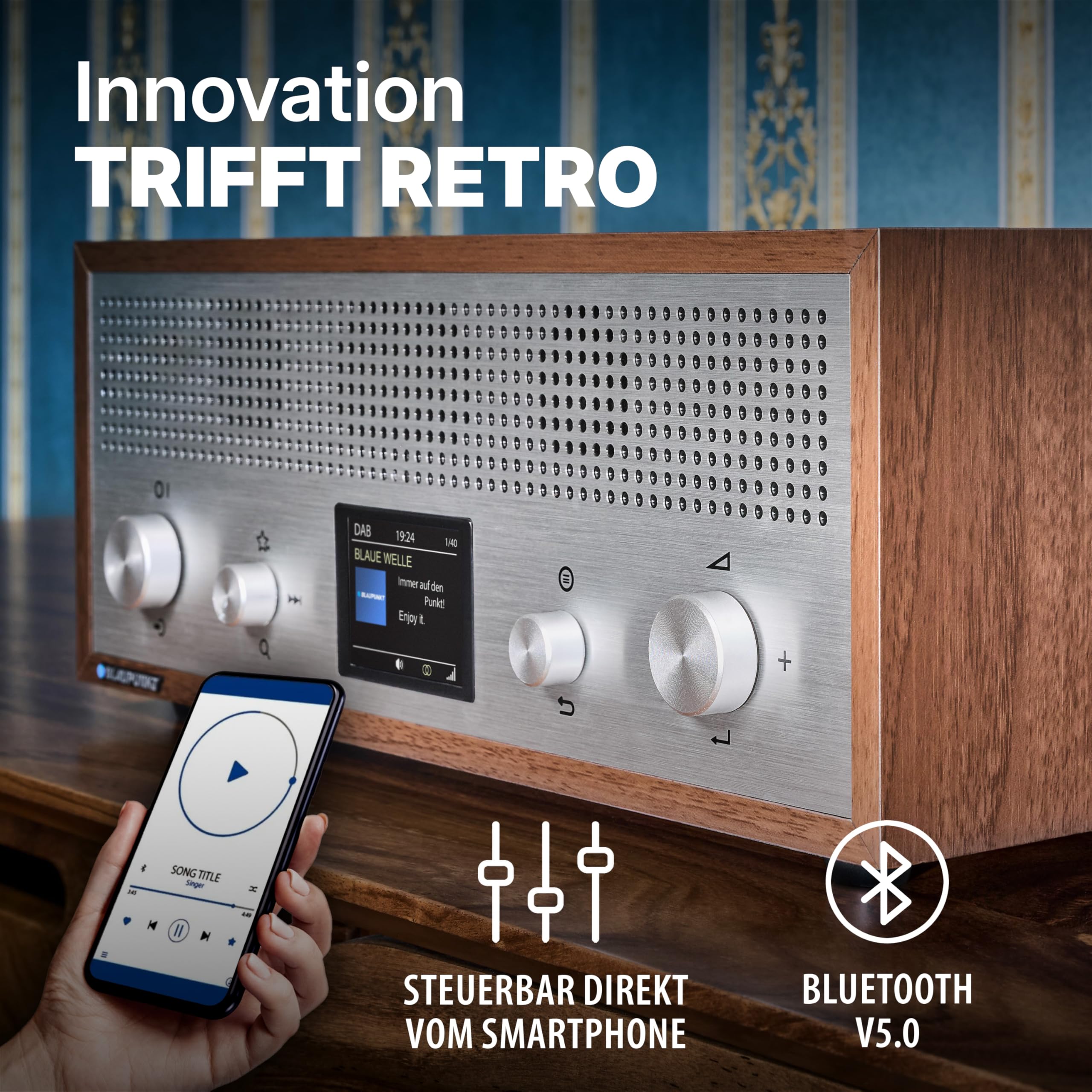 Blaupunkt Verona RXD 190 walnuss, DAB+ Radio Retro Design, Küchenradio mit Bluetooth 5.0, UKW Digitalradio in Holzoptik & Farbdisplay, AUX-In, USB Ladefunktion, 15 W RMS