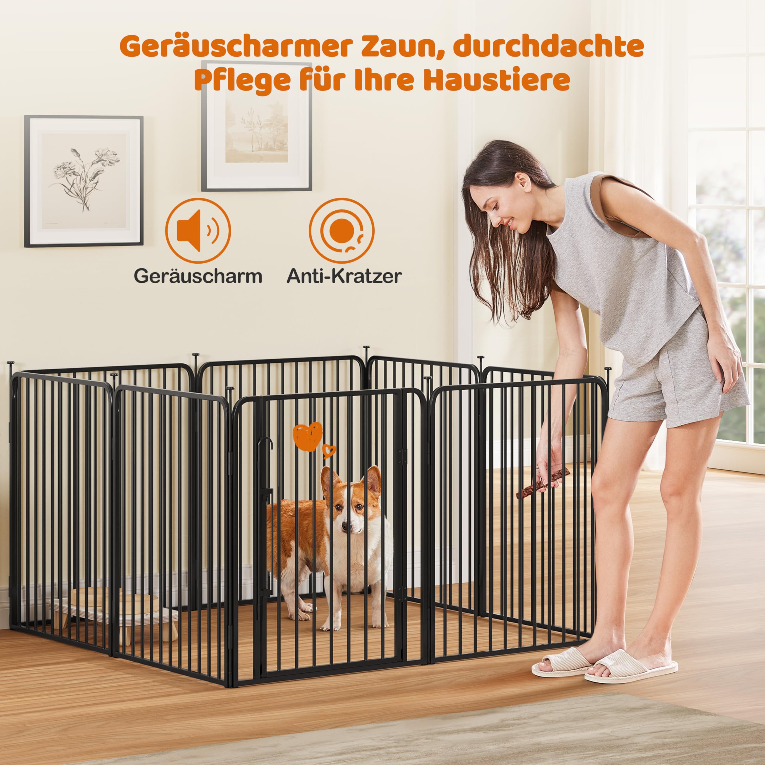 Yaheetech Wybieg dla szczeniaków, 8-częściowy, wysokość 80 cm, kojec dla szczeniaków z wbudowanym zamkiem, ciche rury, ochraniacze podłogi, wzmocnione metalowe druty 8 mm, kojec dla psów do mieszkania