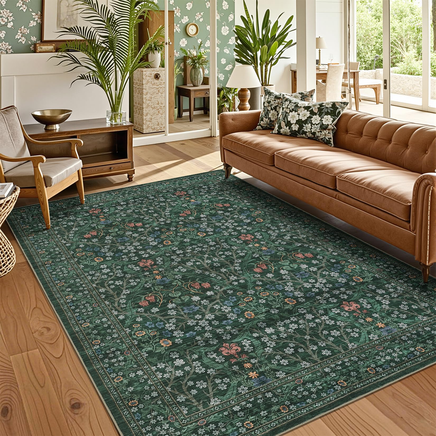 120x170cm Large Floral Rug Washable for Living Room Beige Vintage Green