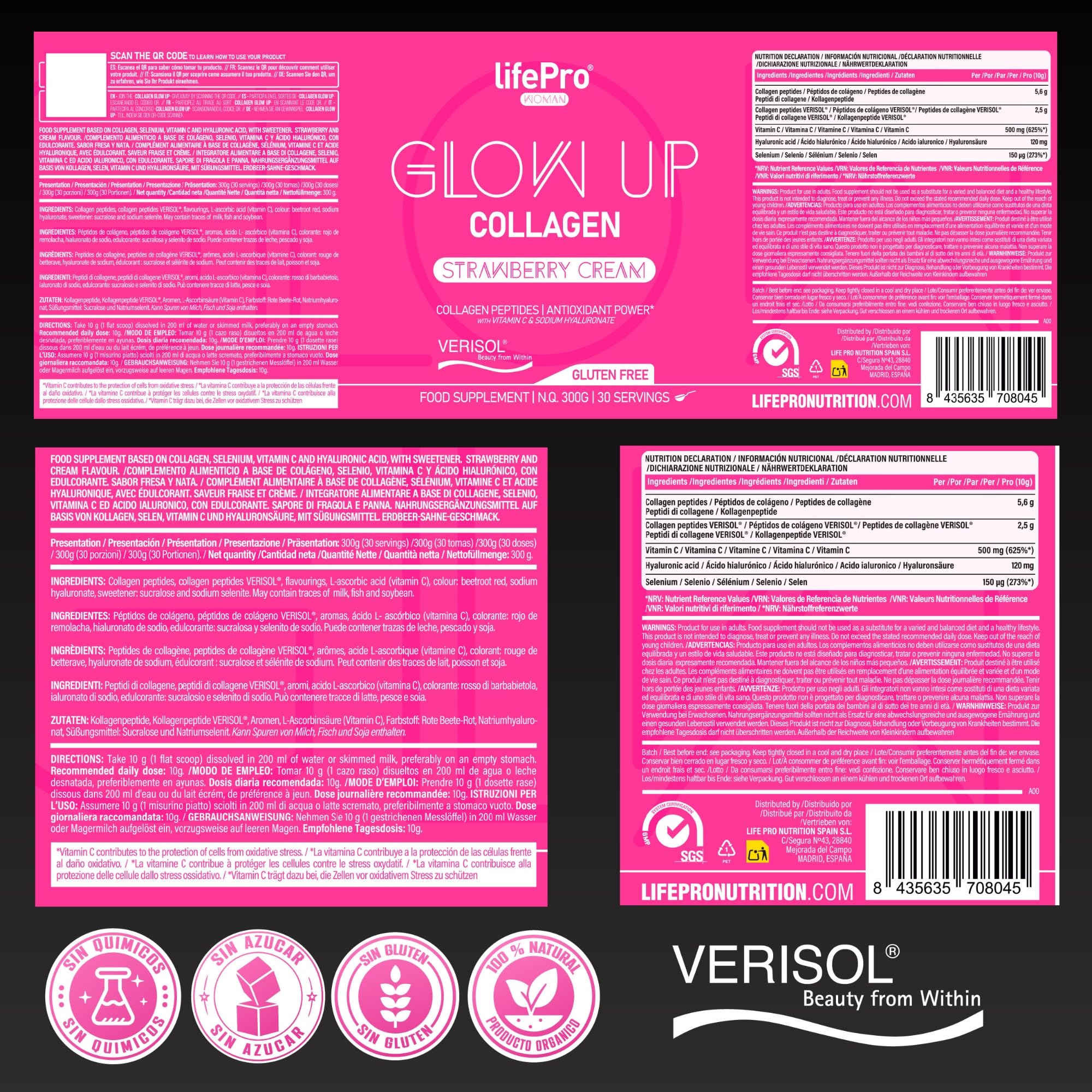Life Pro Colágeno Hidrolizado Puro Verisol en Polvo con Vitamina C, Ácido Hialurónico y Selenio – Colágeno en Polvo de 300g (30 Dosis) Sin Azúcar, Sabor a Strawberry Cream para Piel, Cabello y Uñas