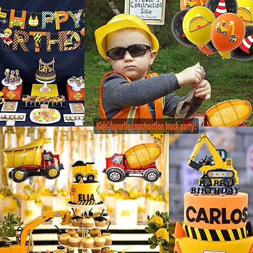 Miniatura 7 de Suministros de fiesta de cumpleaños de construcción, kit de decoración de fiesta de camión volquete incluye pancarta, globos, globos de aluminio,