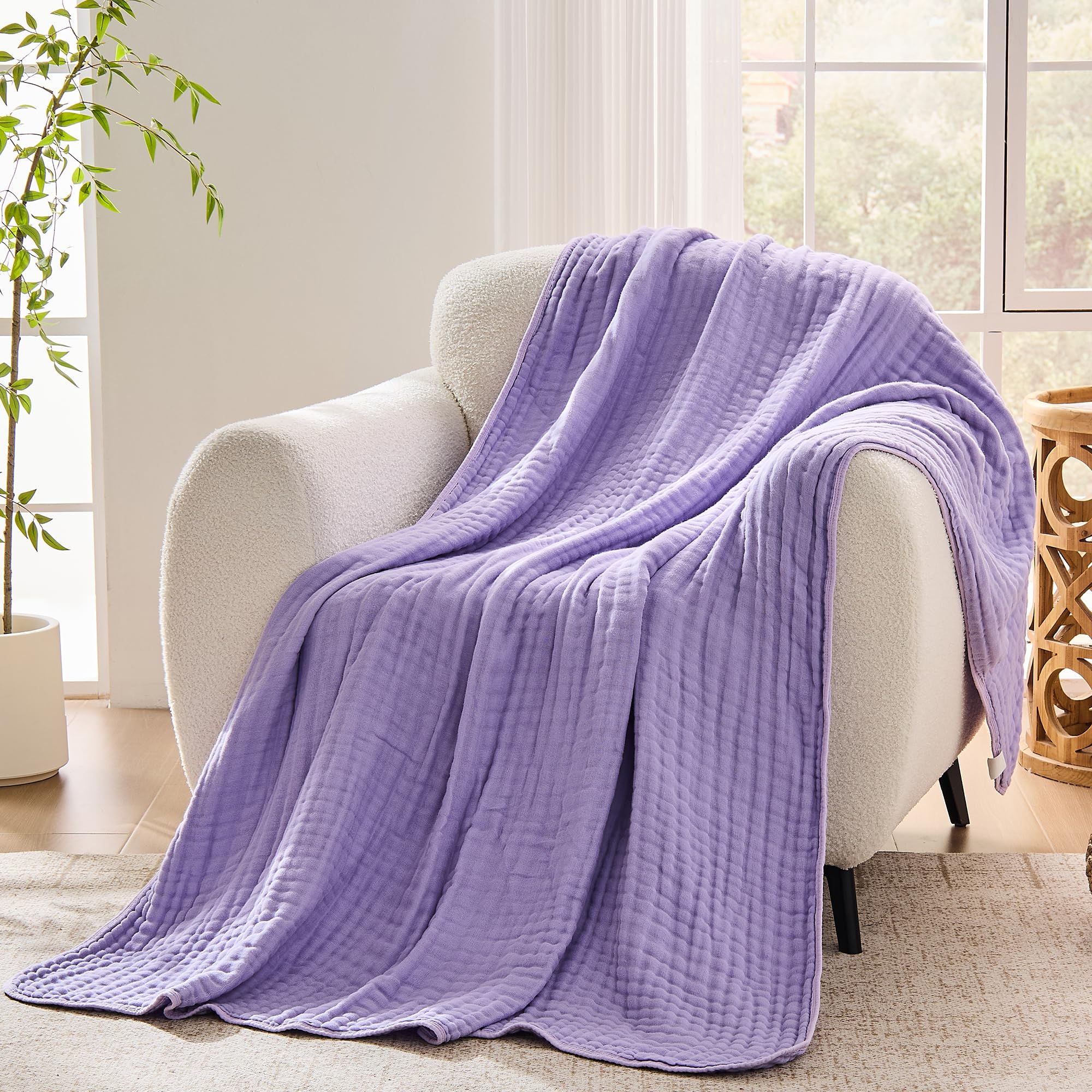 VANJOROY 9-Layer Muslin Throw Blanket King 90" x 108" Purple, 100% Cotton Organic Breathable Lightweight Large Throw for Couch Bed Quilt and Bedspread - All Season Muslin Soft Gauze Blanket