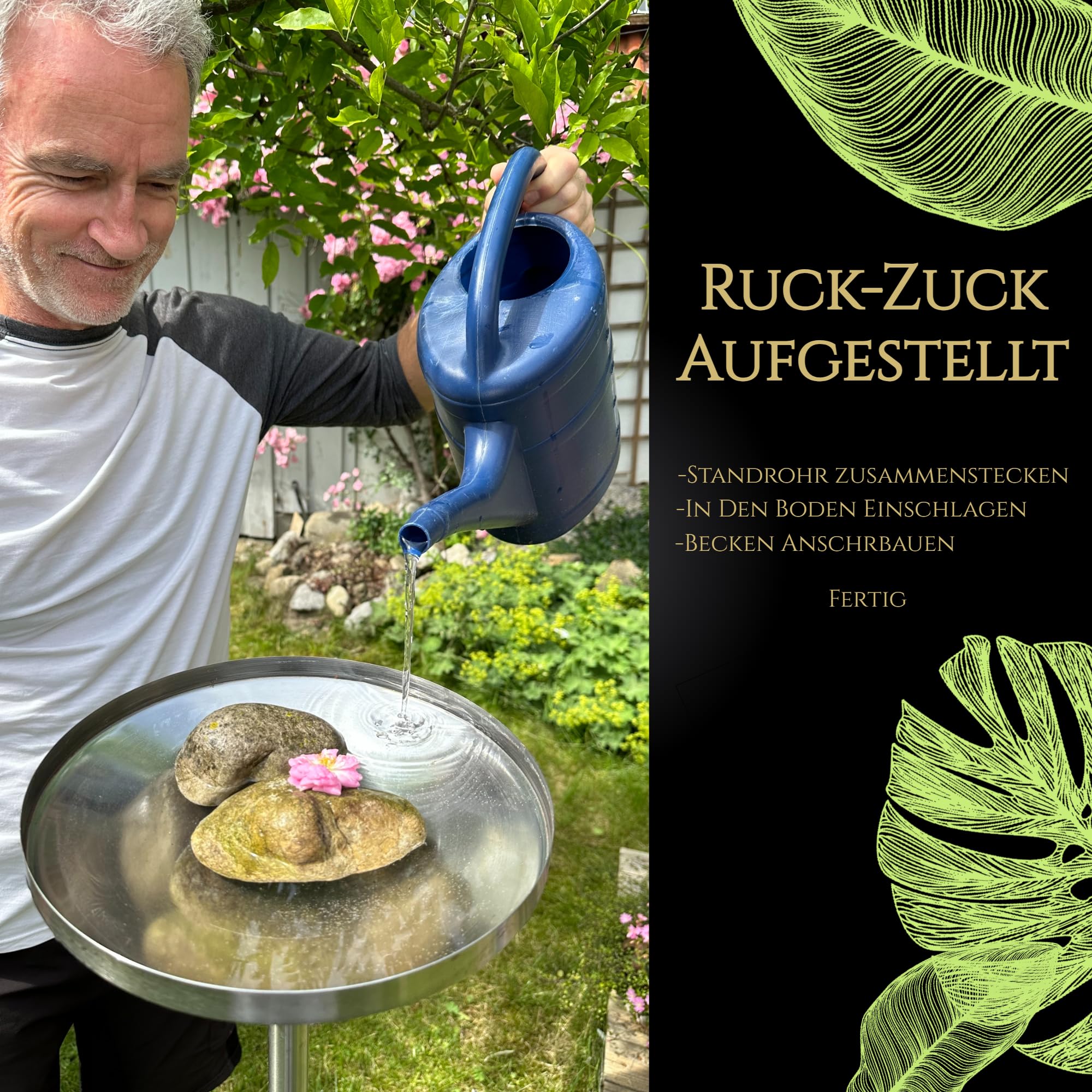 Vogeltränke stehend aus Edelstahl - Vogeltränke Winterfest - Vogelbad Garten stehend, Wassertränke für vögel aus Metall - Vogeltränke stehend groß, Vogelbad mit Stab