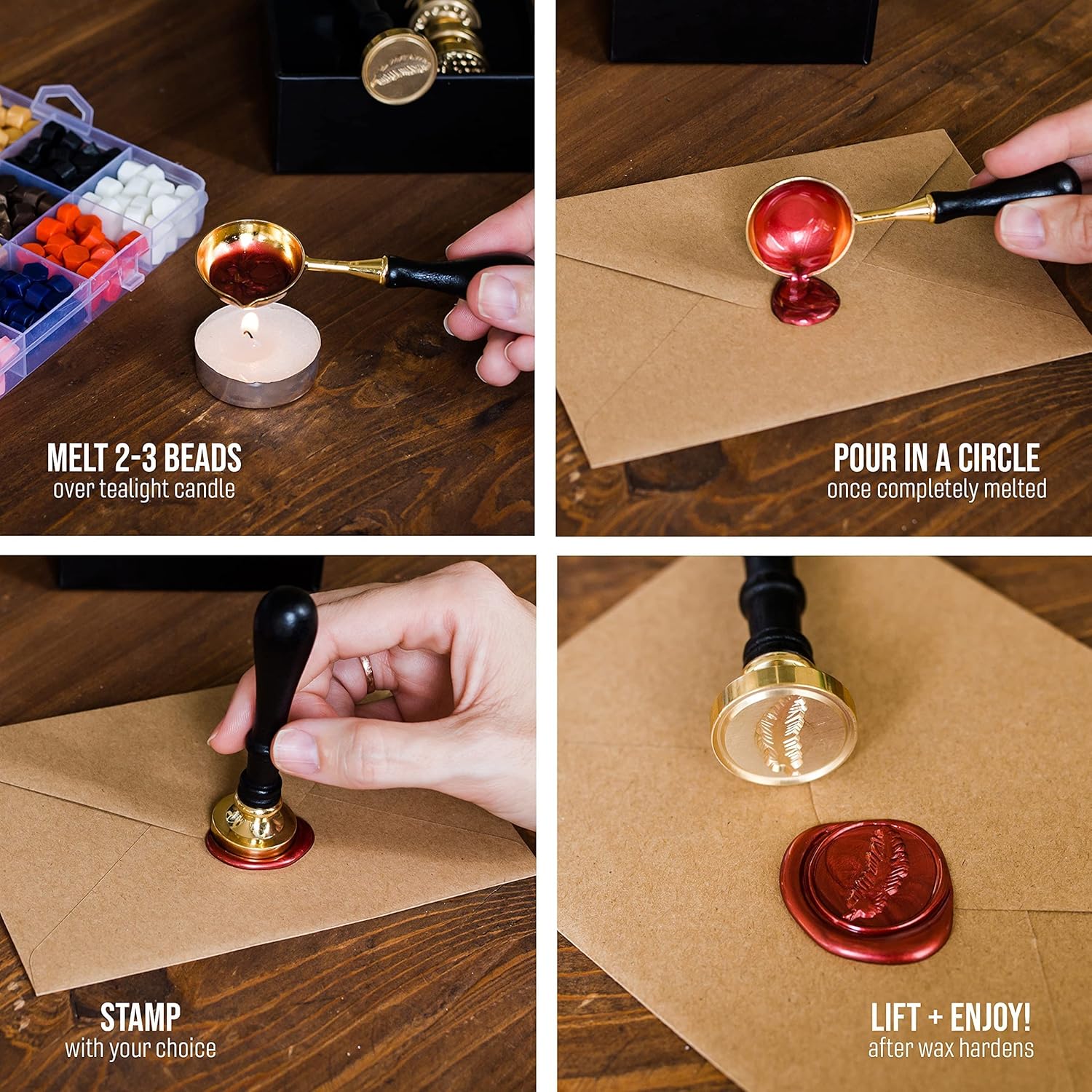 HOPPLER Wax Seal Stamp Kit with 648 PCS Sealing Wax Beads in 24 Colors with 6 Copper Head Bohemian Wax Seal Stamps - 4 PCS Tea Light Candles with Wax Melting Spoon for Sealing Stamp