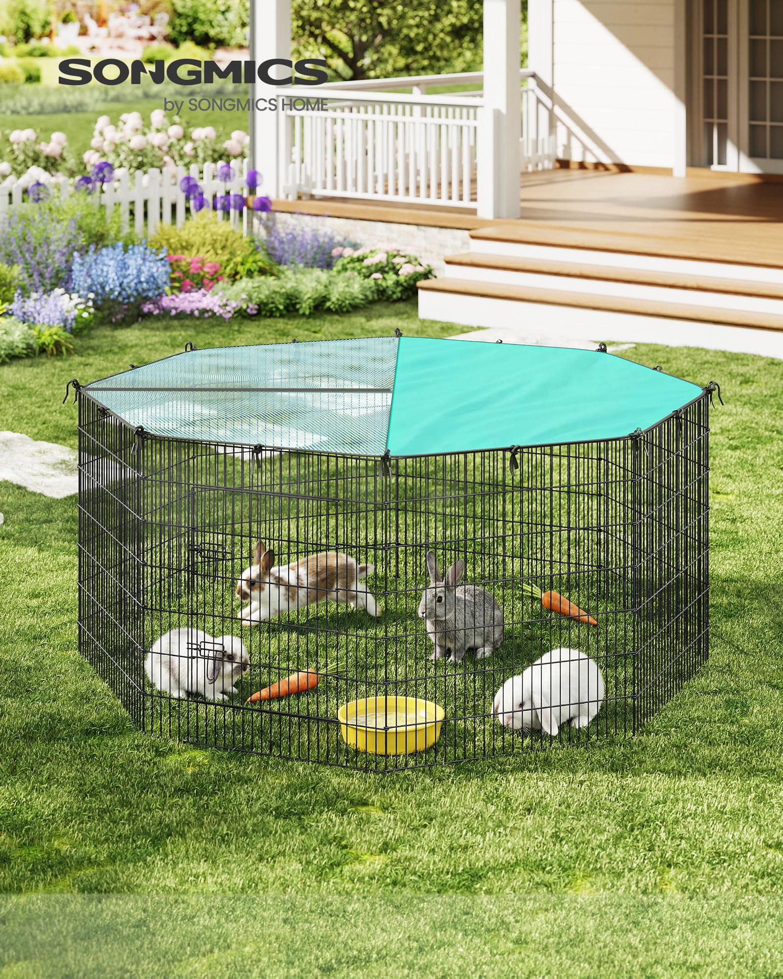 SONGMICS Kleintiergehege, Freilaufgehege mit Abdeckung, Gehege, atmungsaktiv, Sonnenschutz, für Kaninchen, Meerschweinchen, 8 Gitterplatten, 175 x 175 x 80 cm, tintenschwarz LPI021BH01