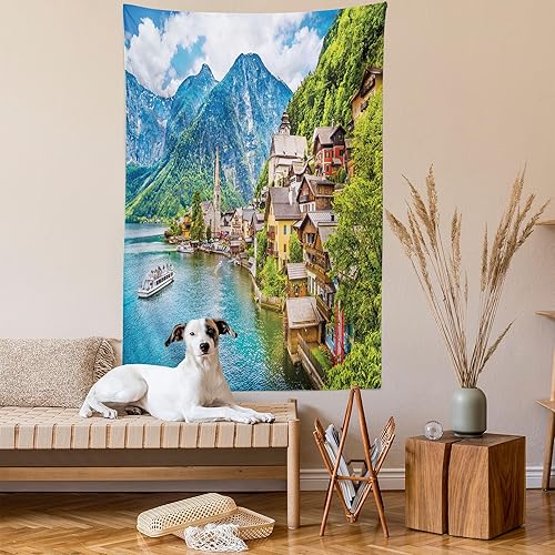 Miniatura 2 de Ambesonne Wanderlust - Tapiz de Hallstatt Mountain Village Lake Hallstatt en el campo de los Alpes austriacos, colgante de pared para dormitorio,